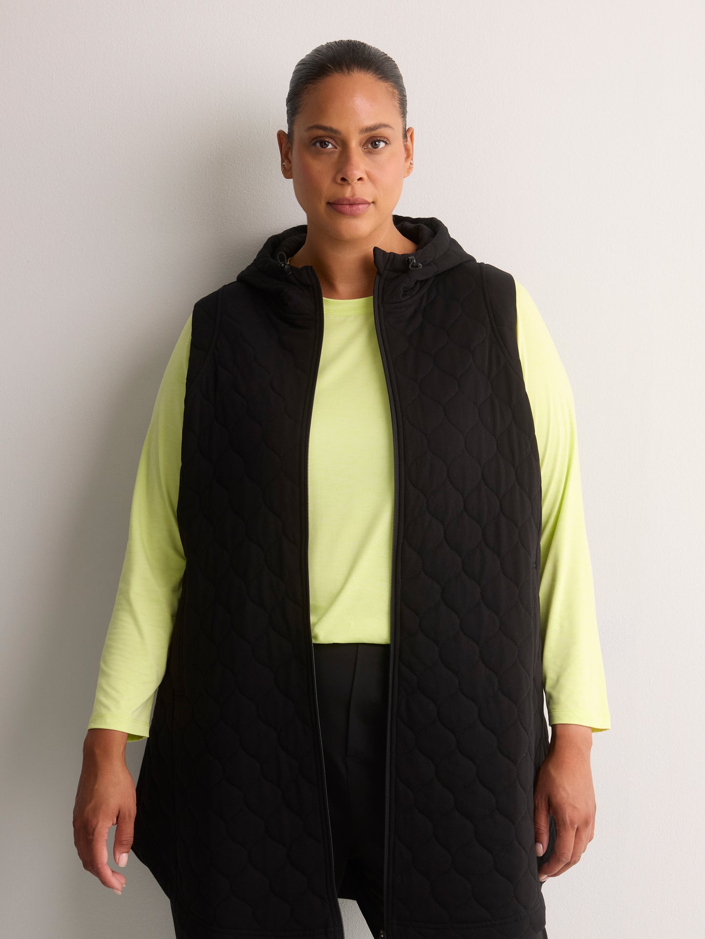 Long Quilted Knit Sleeveless Hooded Vest - Active Zone