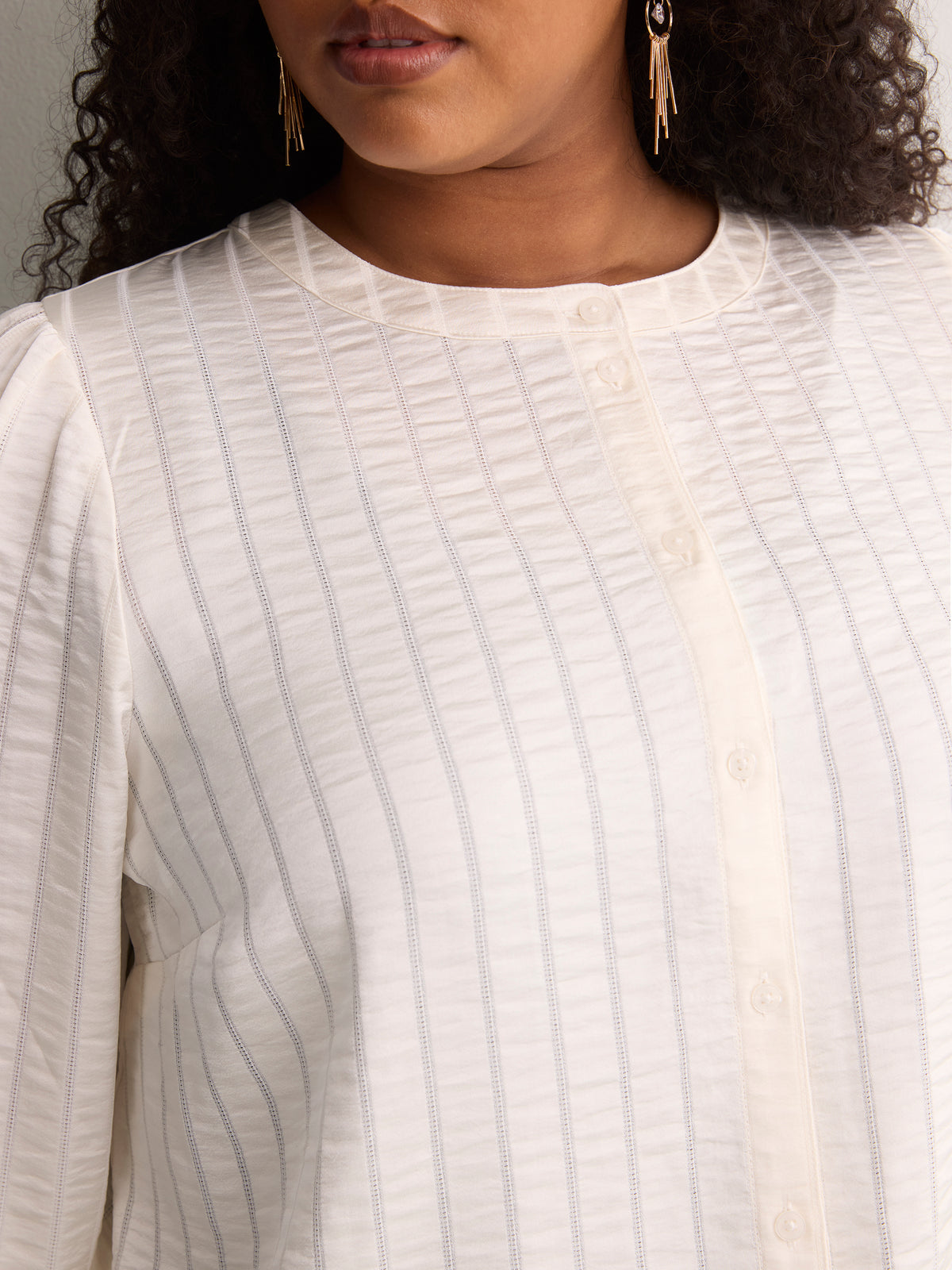 Short Buttoned-Down Elastic-Waist Blouse