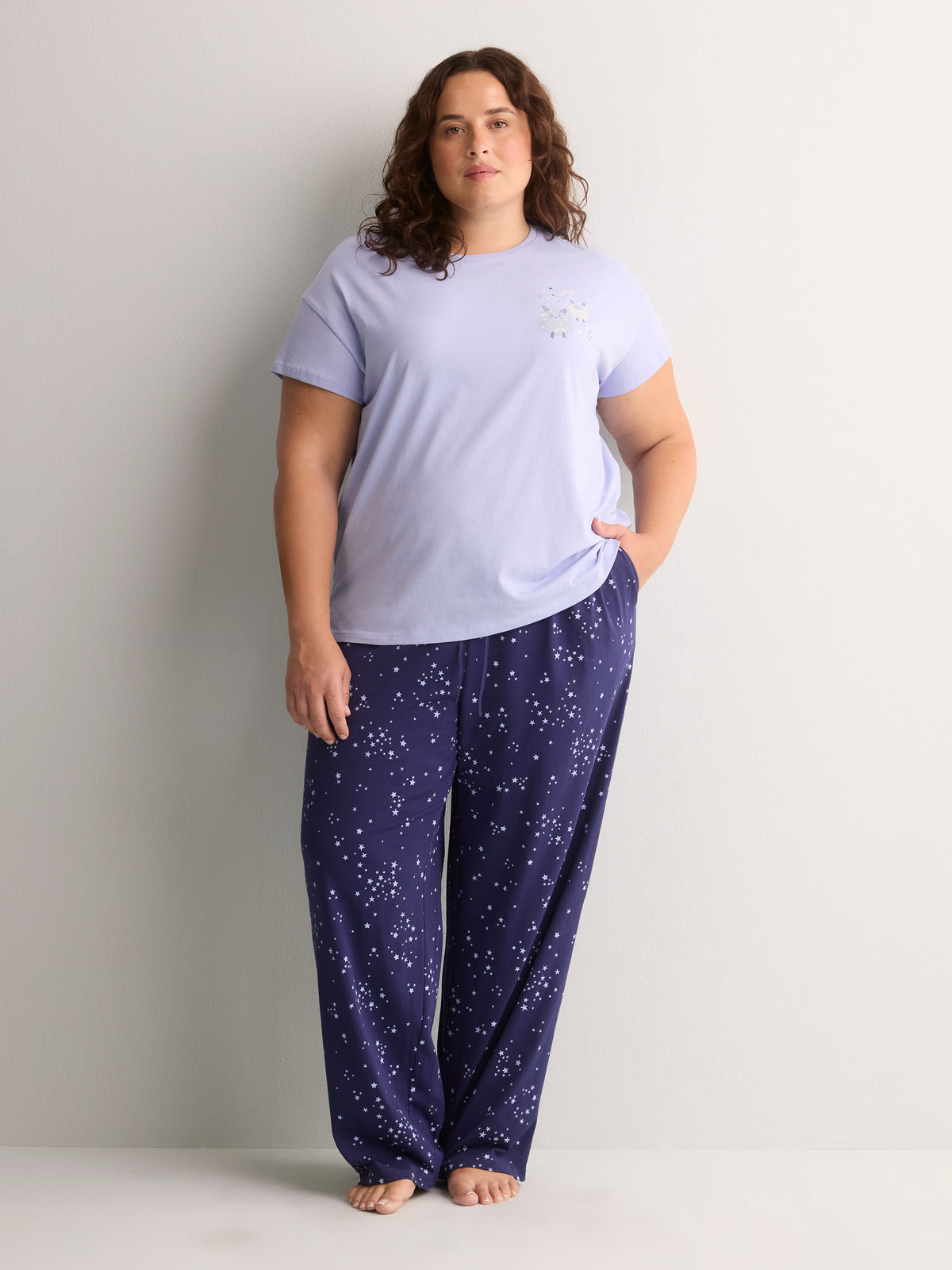 Blue Star-Print Cotton Knit Wide-Leg Pyjama Pant - tiVOGLIO