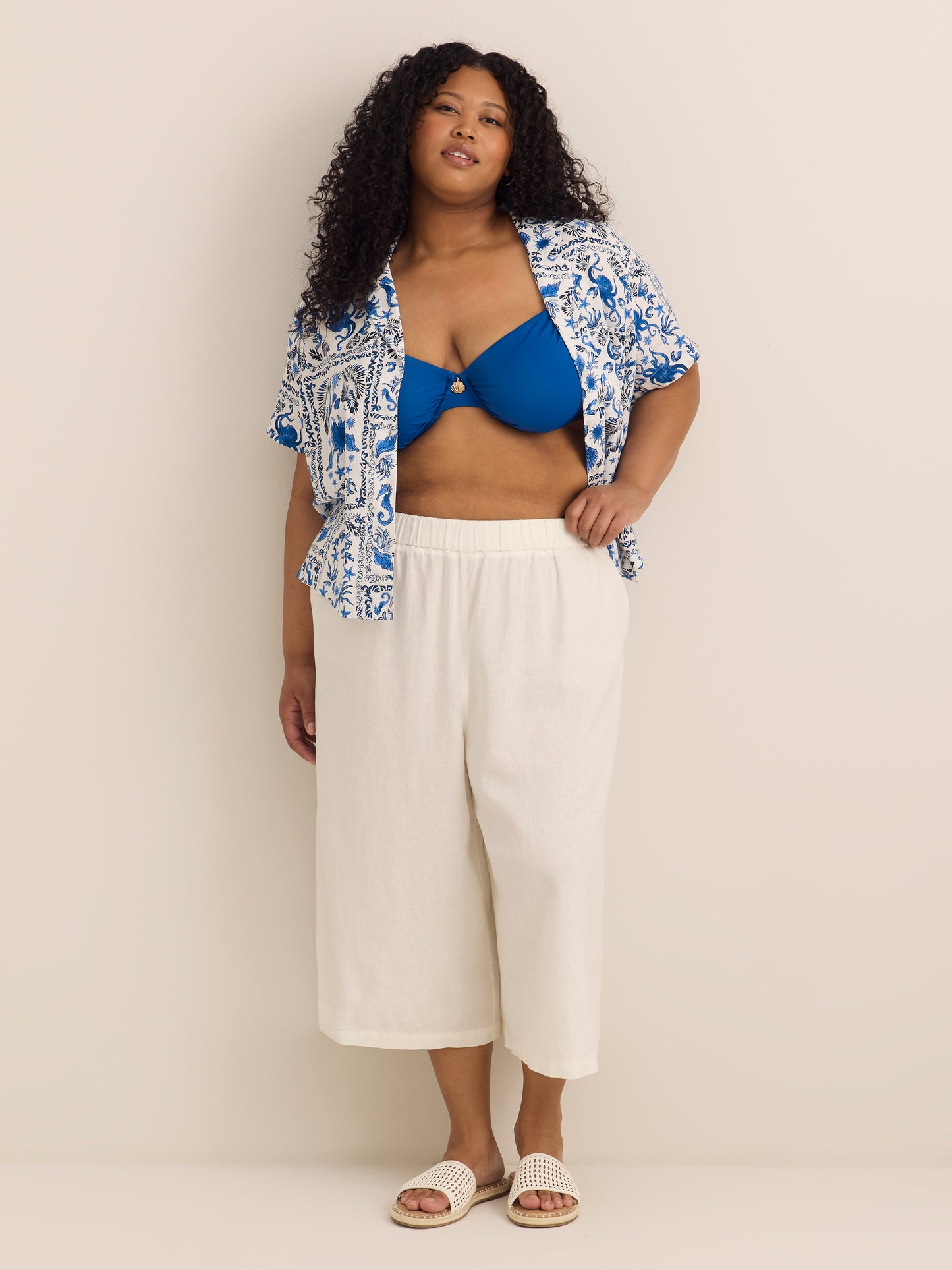 Linen Blend Cropped Wide-Leg Pant