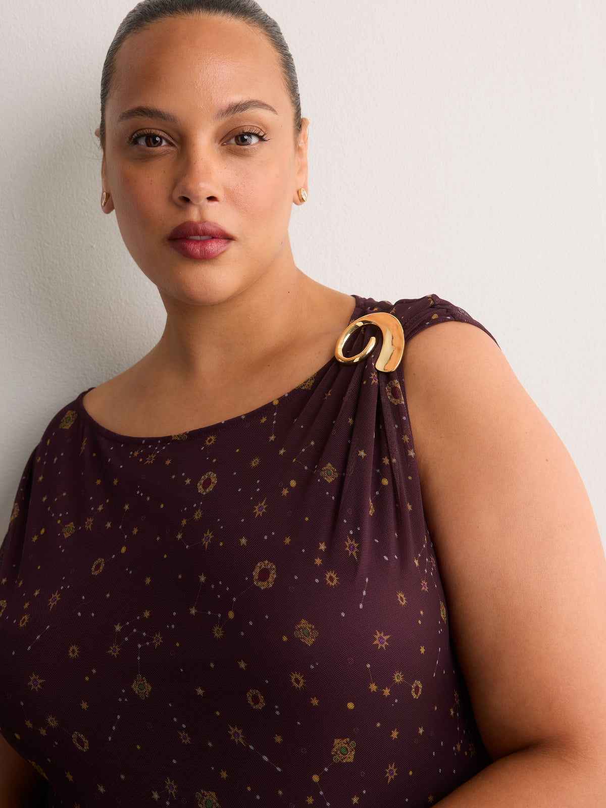 Brown Printed Sleeveless Boat-Neck Asymmetrical Midi Dress
