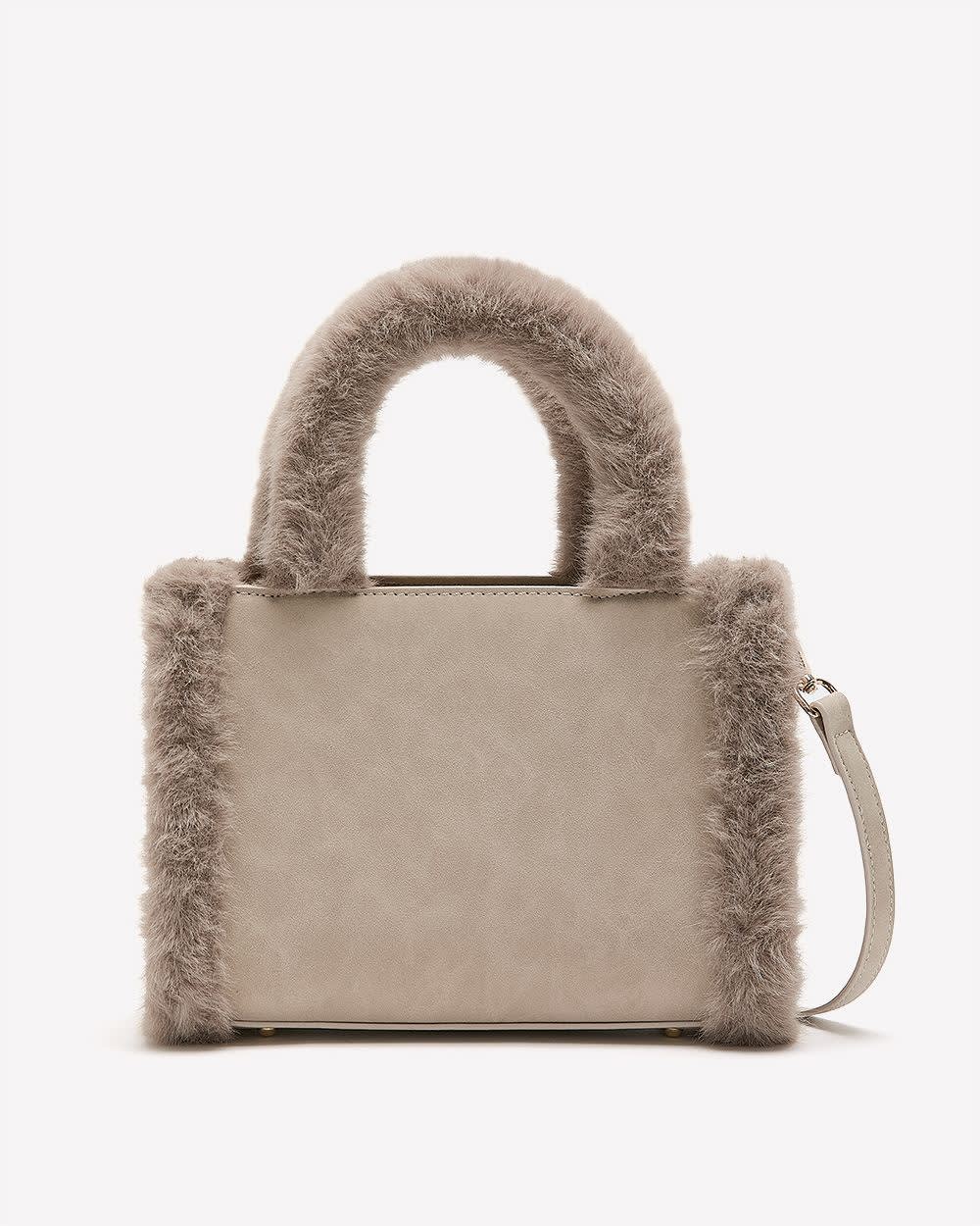 Sac à  main en faux suède beige avec fausse fourrure