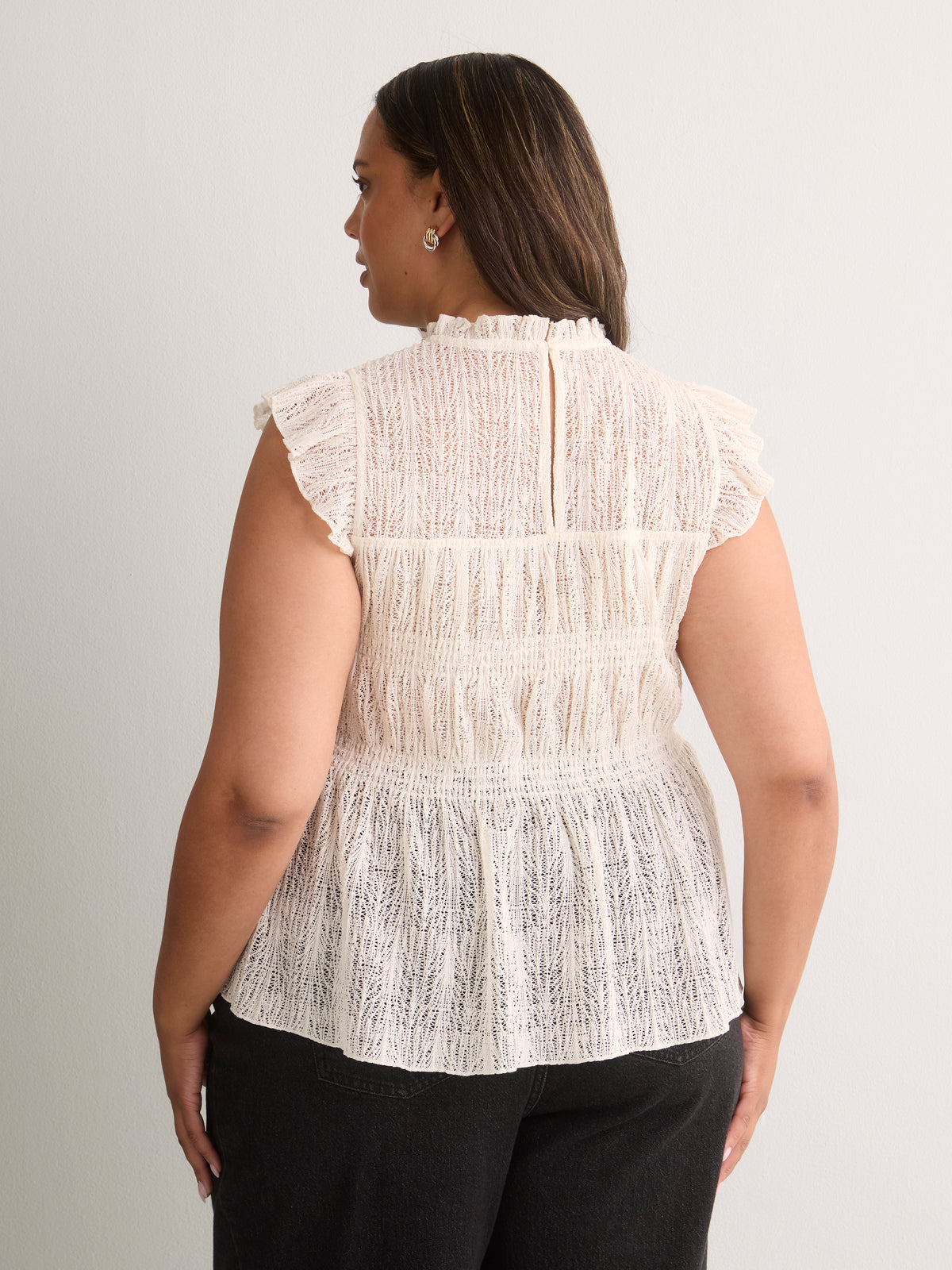 Smocked Lace Swing Top with Short Flutter Sleeves
