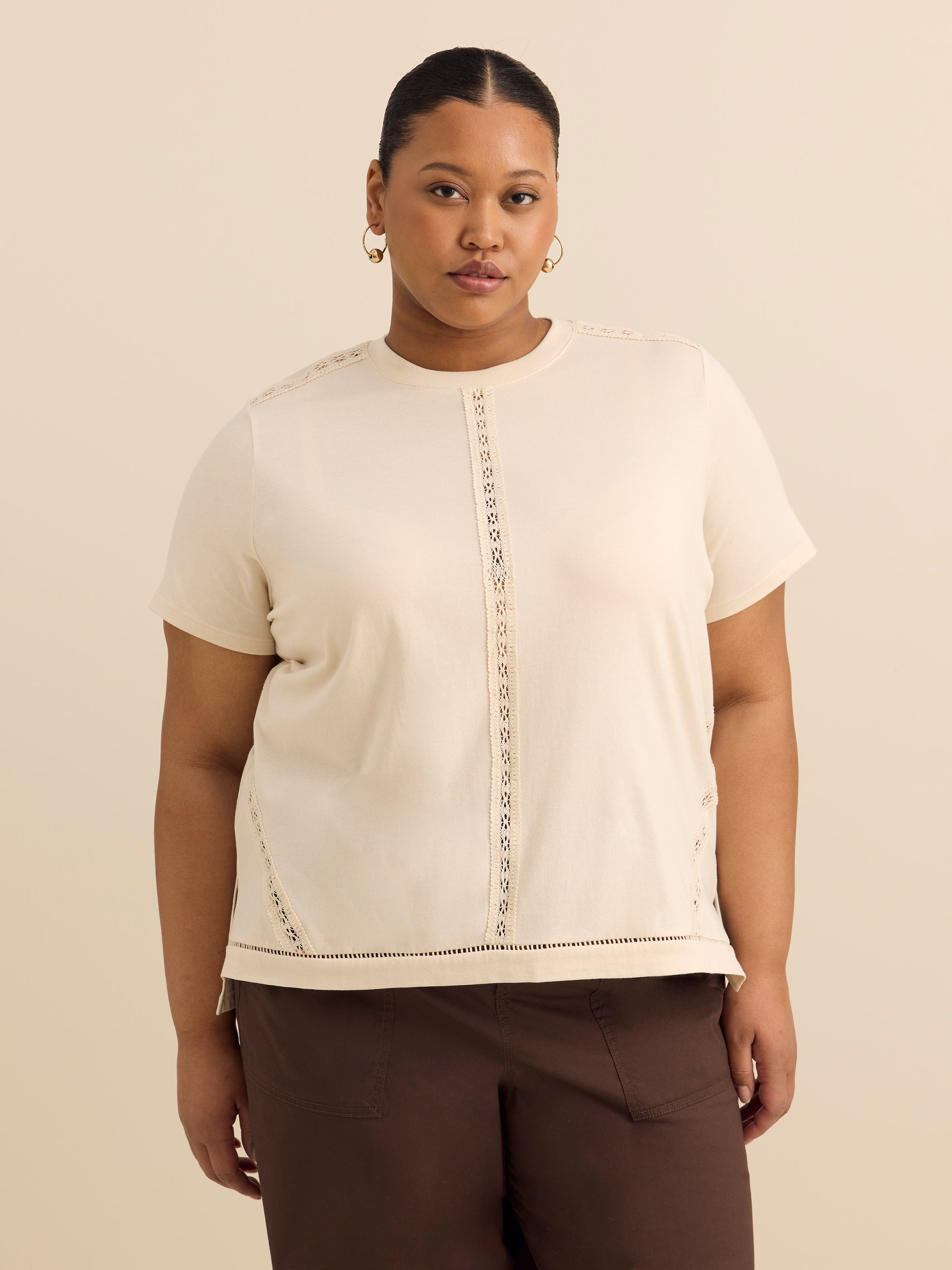 Crewneck Top with Crochet Details