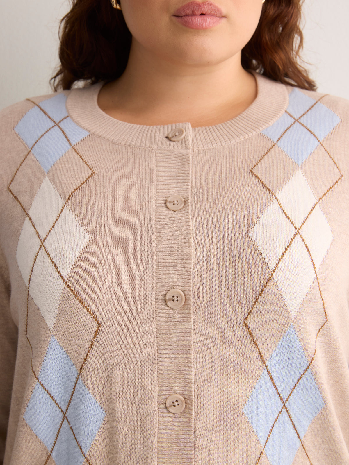 Responsible, Argyle Buttoned-Down Cotton Blend Crew Neck Cardigan