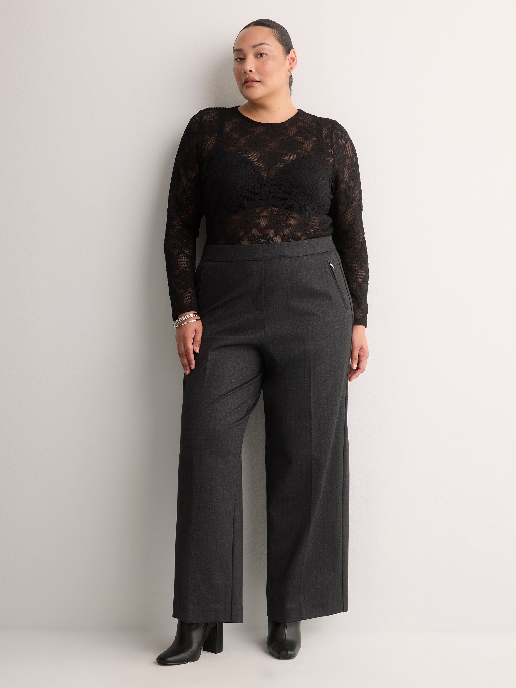 Charcoal Pinstripe Pull-On Wide-Leg Pant, Essential Pant
