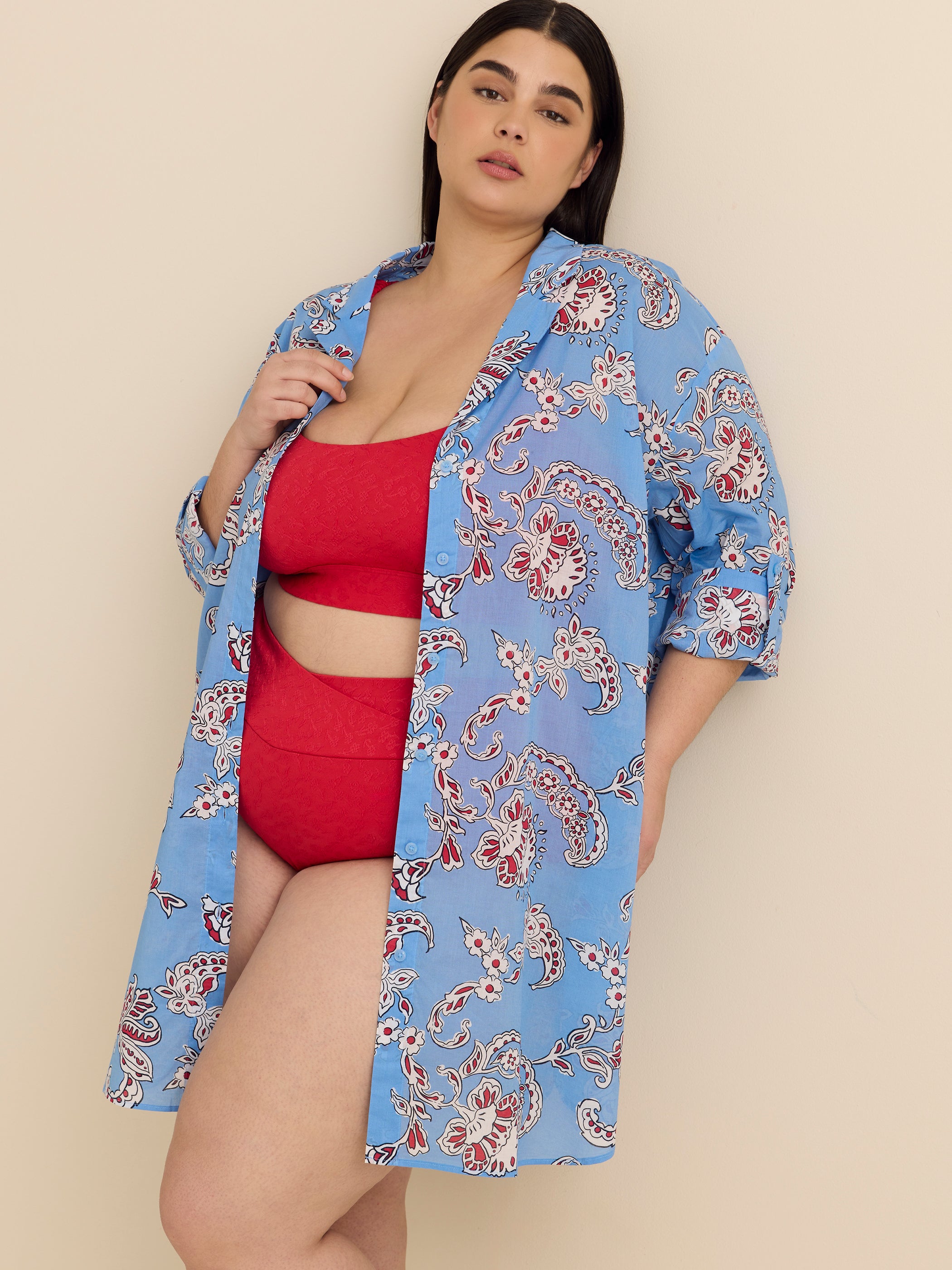 Blue Paisley-Print Buttoned-Down Cover-Up Tunic Shirt