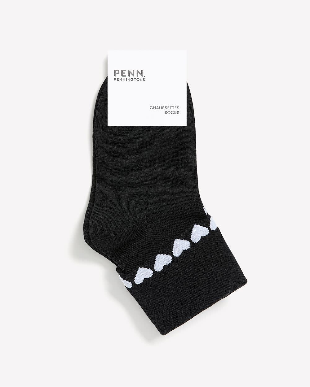 Black Fold-Over Ankle Socks with Heart Print