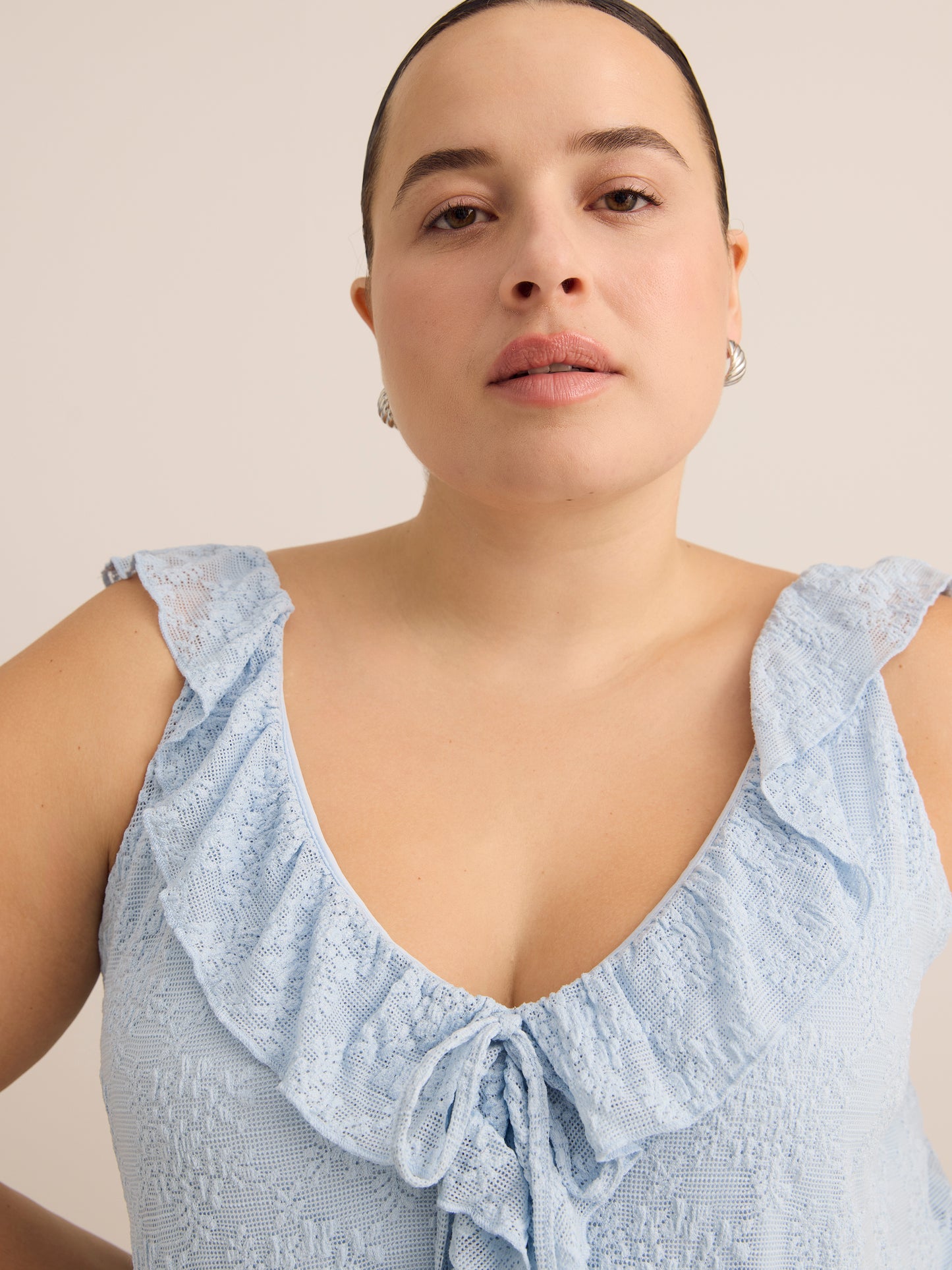 Blue Ruffled Lace Sleeveless Swing Blouse