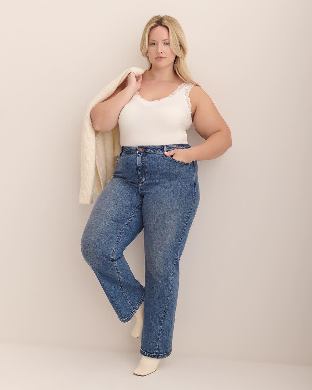 Pantalon en denim à  jambe ultra large avec couture avancée- Addition Elle