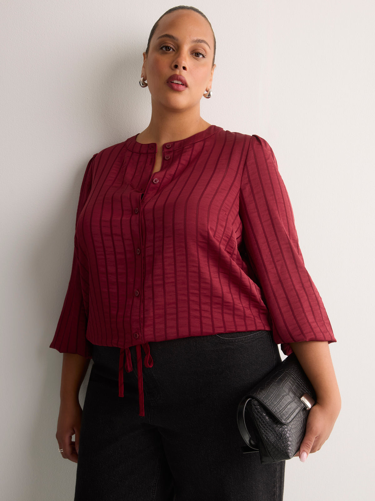 Short Buttoned-Down Elastic-Waist Blouse