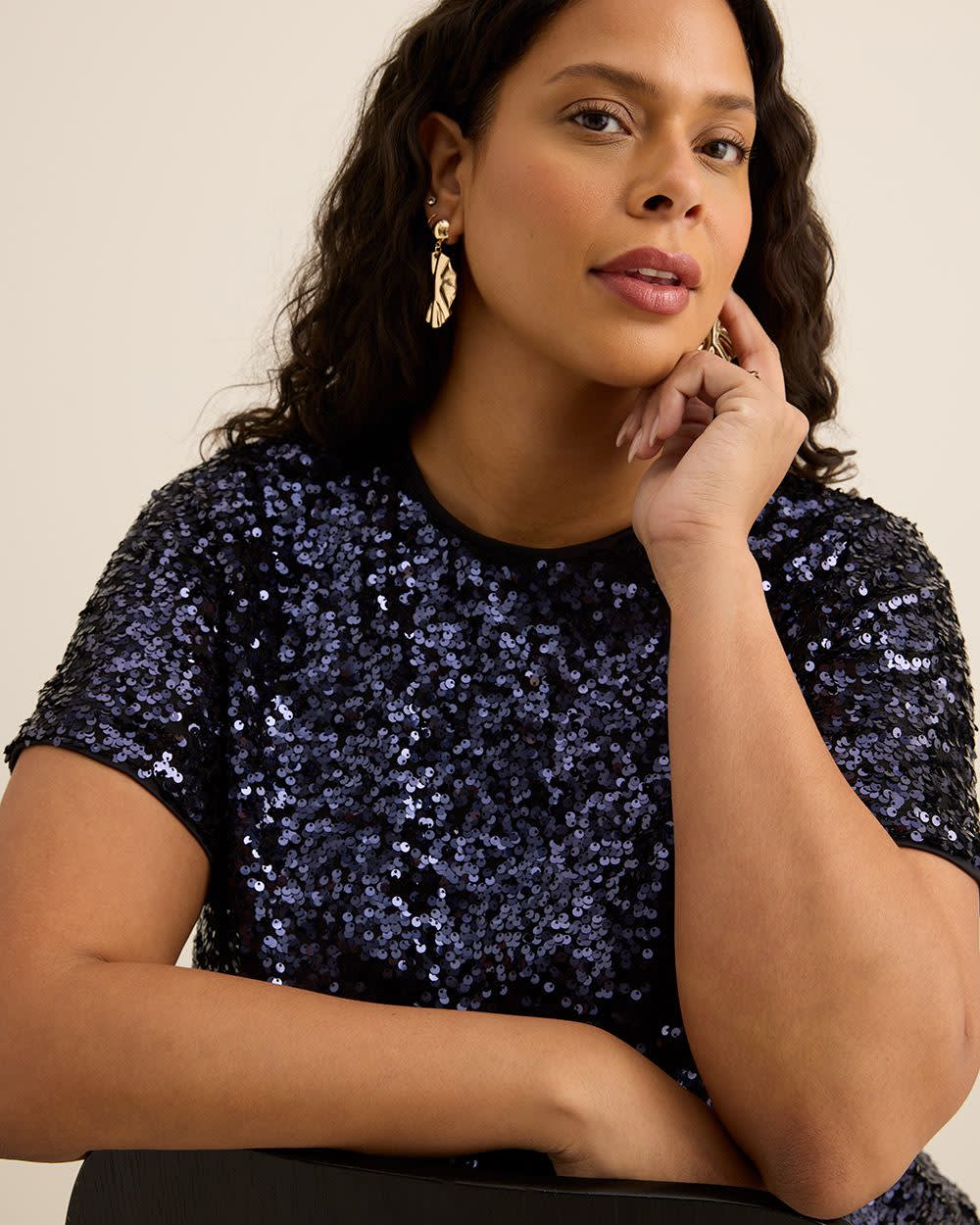 Short-Sleeve Sequins Crewneck Top