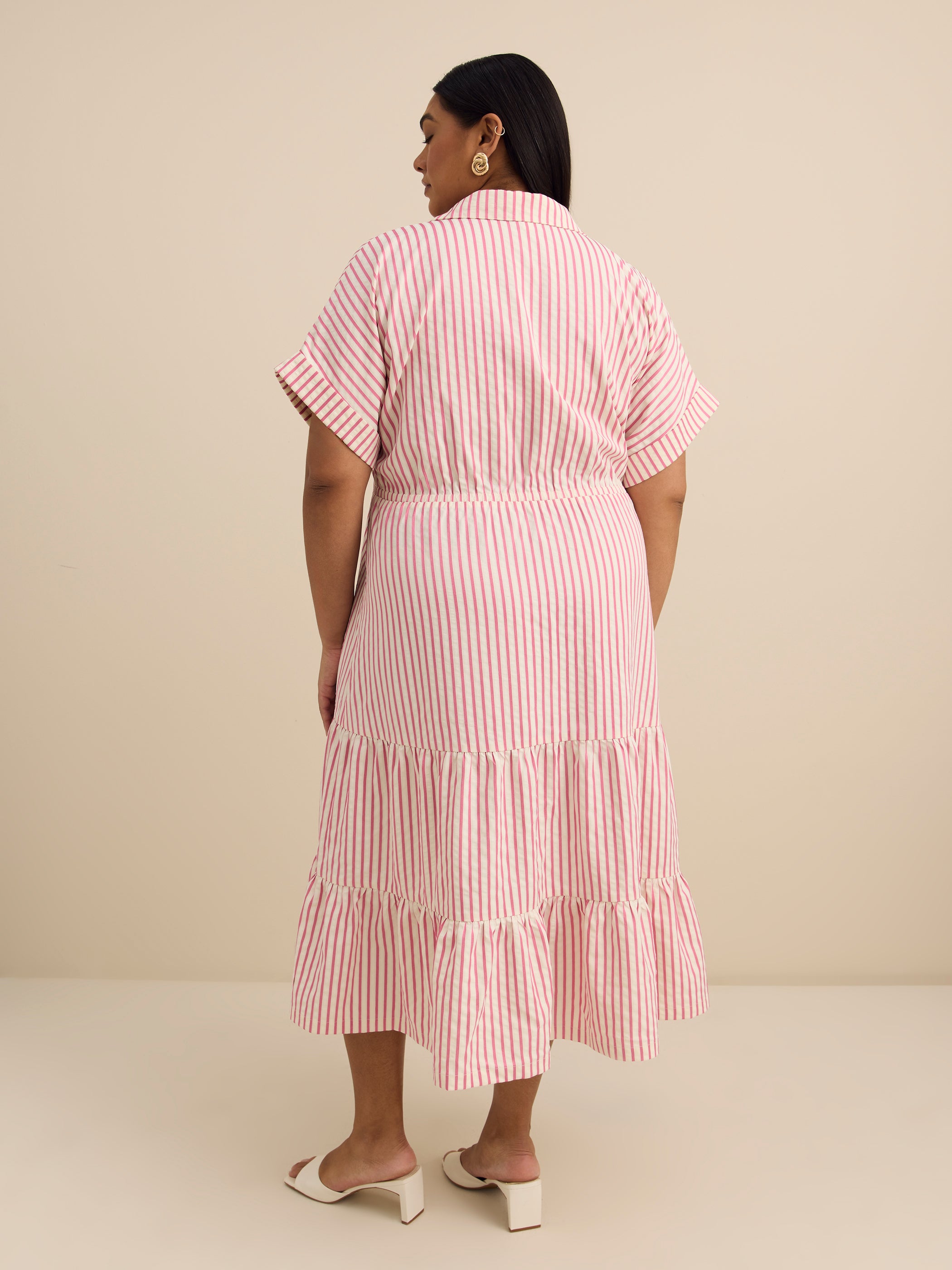 Pink Midi Tiered Utility Shirt Dress