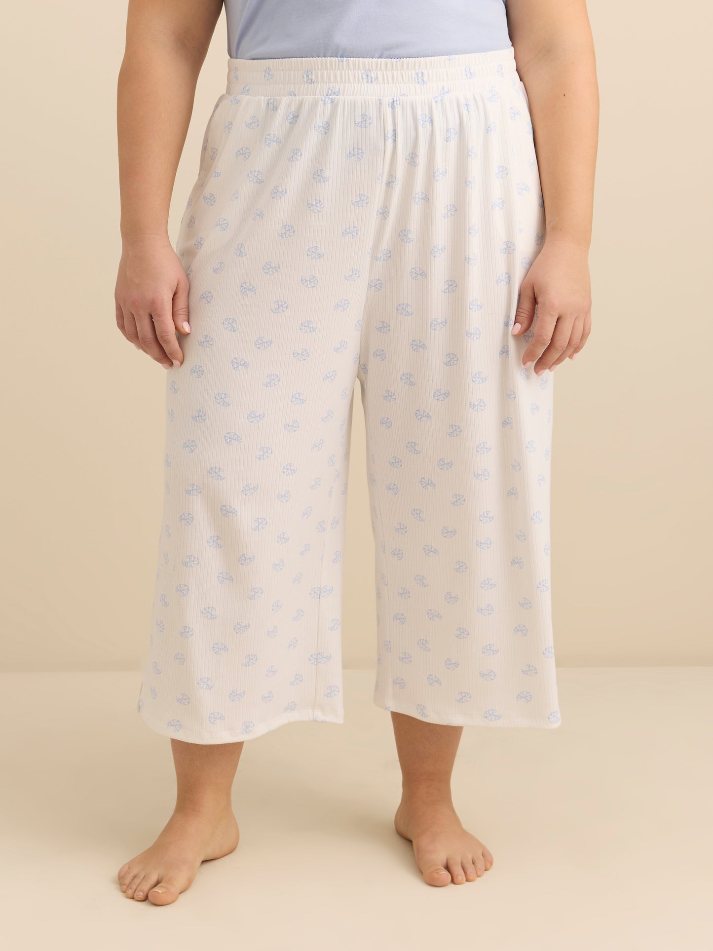 Pantalon de pyjama capri évasé côtelé blanc avec mini croissants - ti Voglio