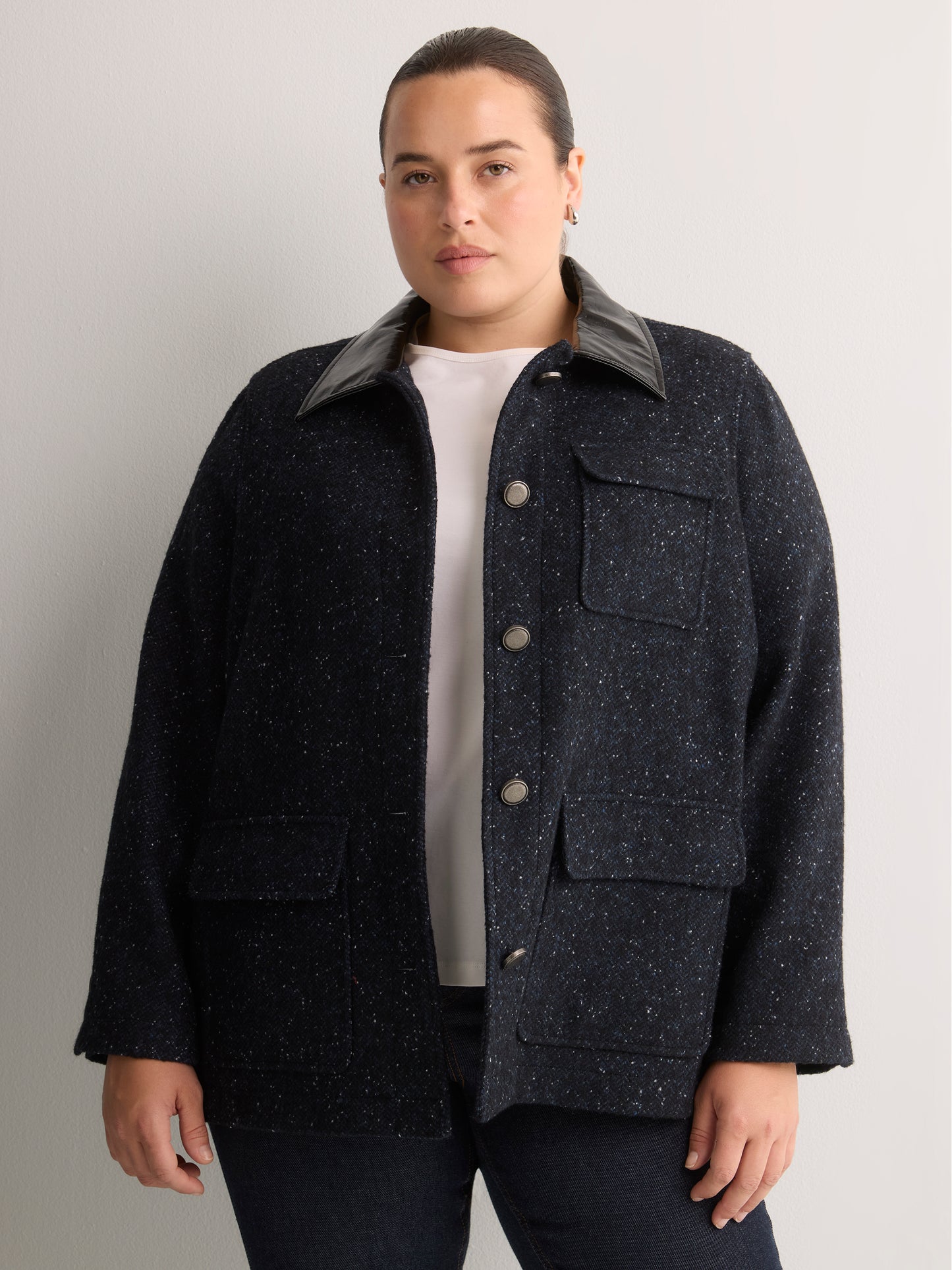 Blue Tweed Barn Jacket with Faux-Leather Collar