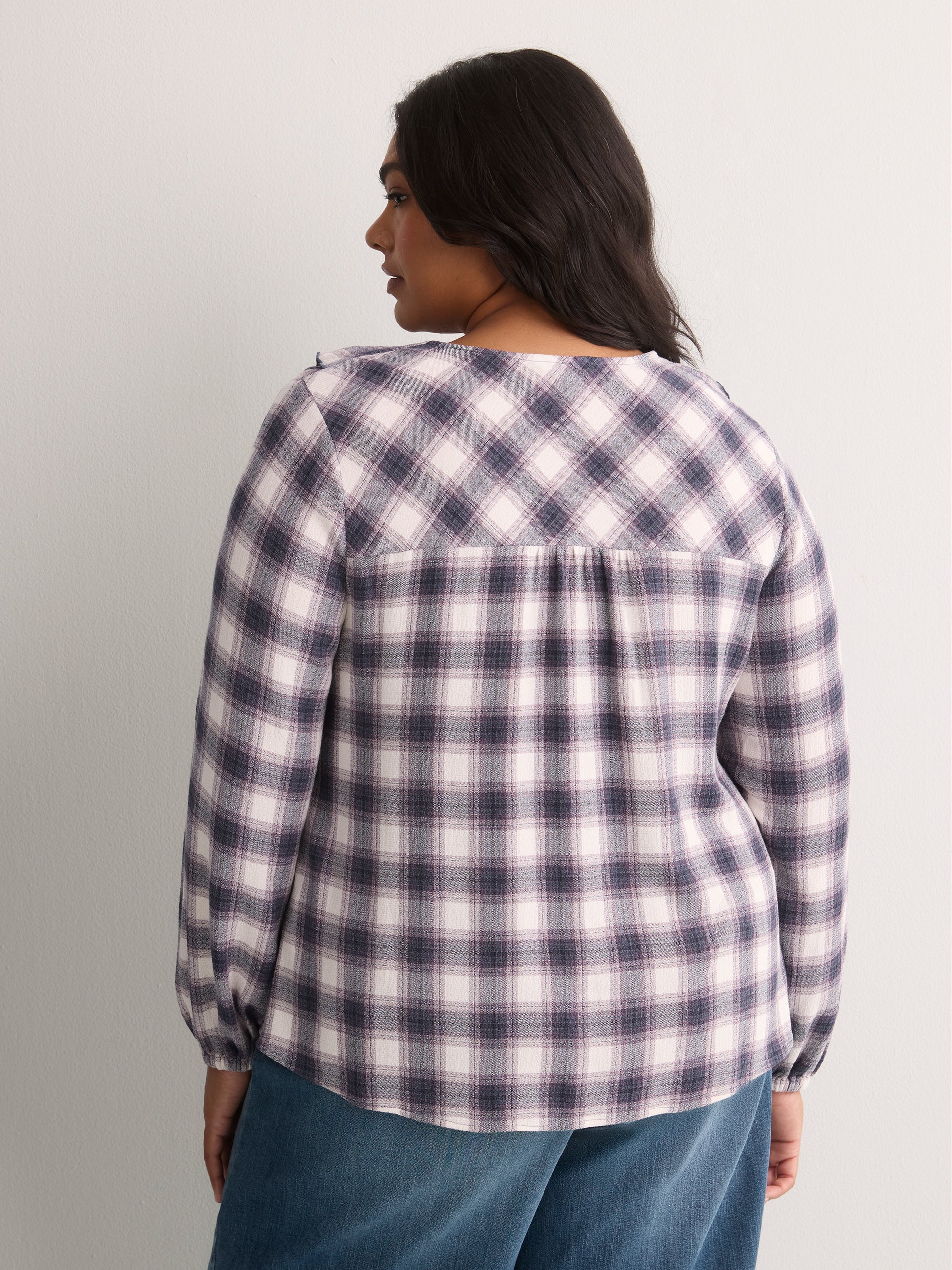 Plaid Ruffled V-Neck Pintuck Swing Blouse