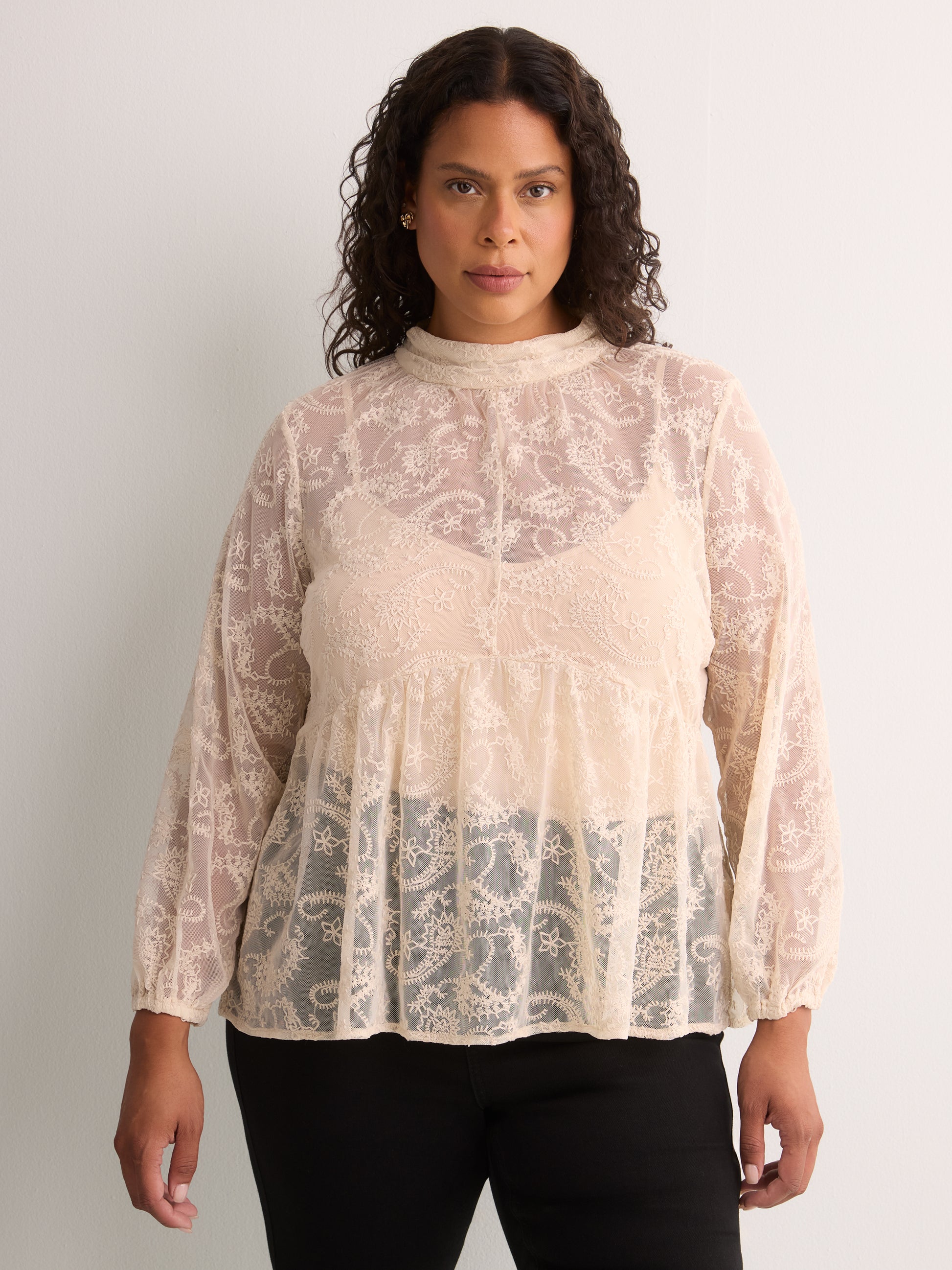 Mock-Neck Long-Sleeve Embroidered Blouse