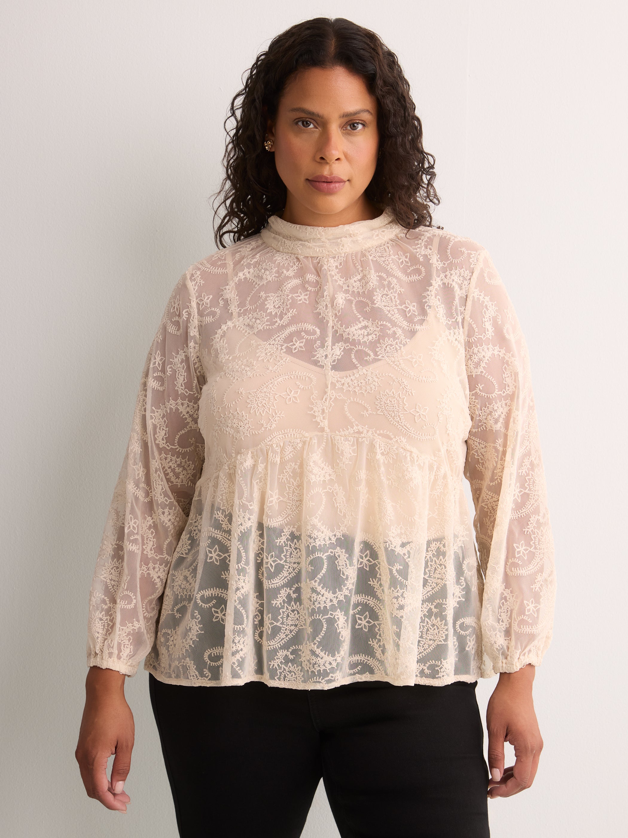 Mock-Neck Long-Sleeve Embroidered Blouse
