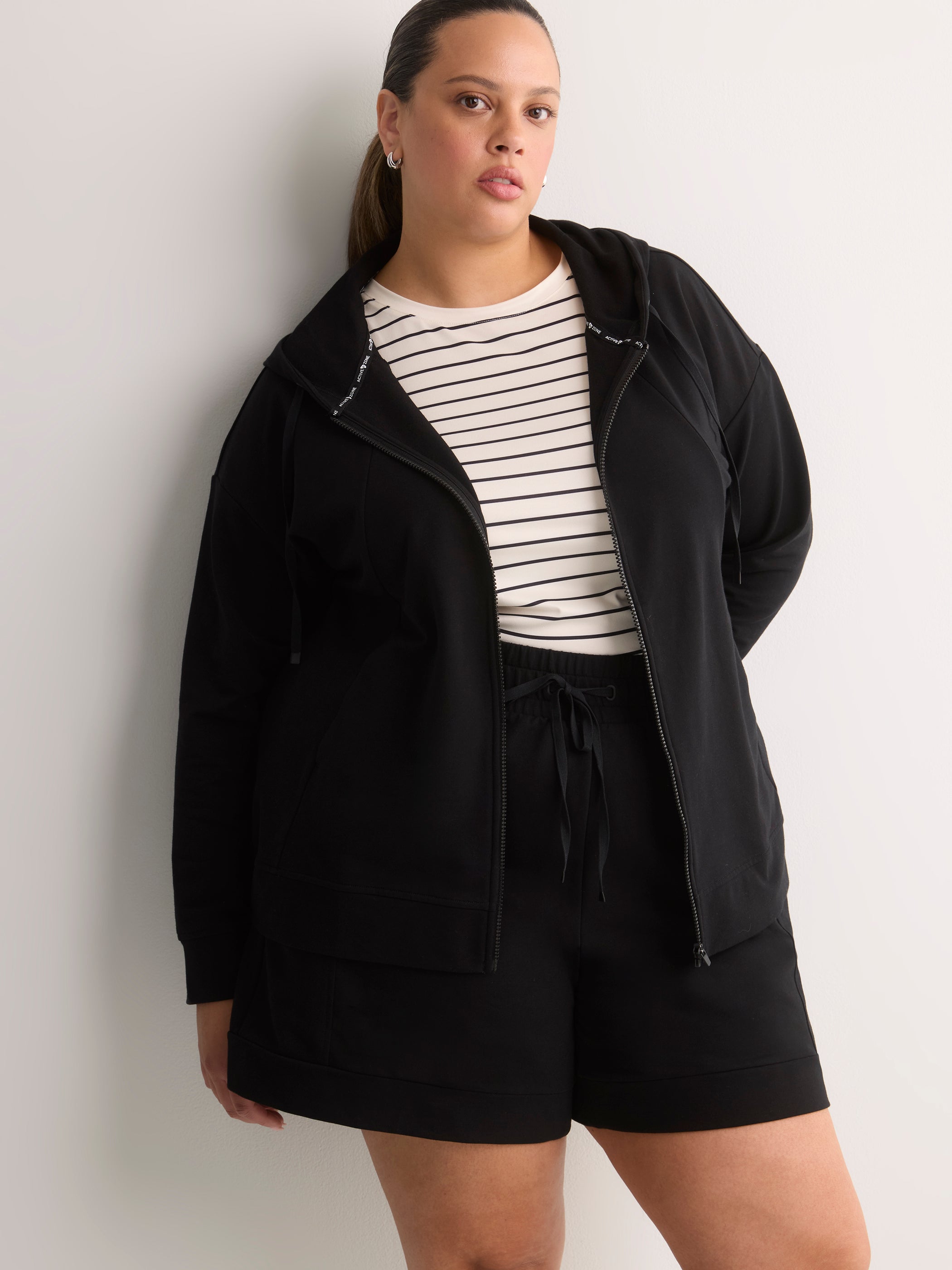 Active Zone French Terry Hooded Jacket Plus Size Women's Cardigan