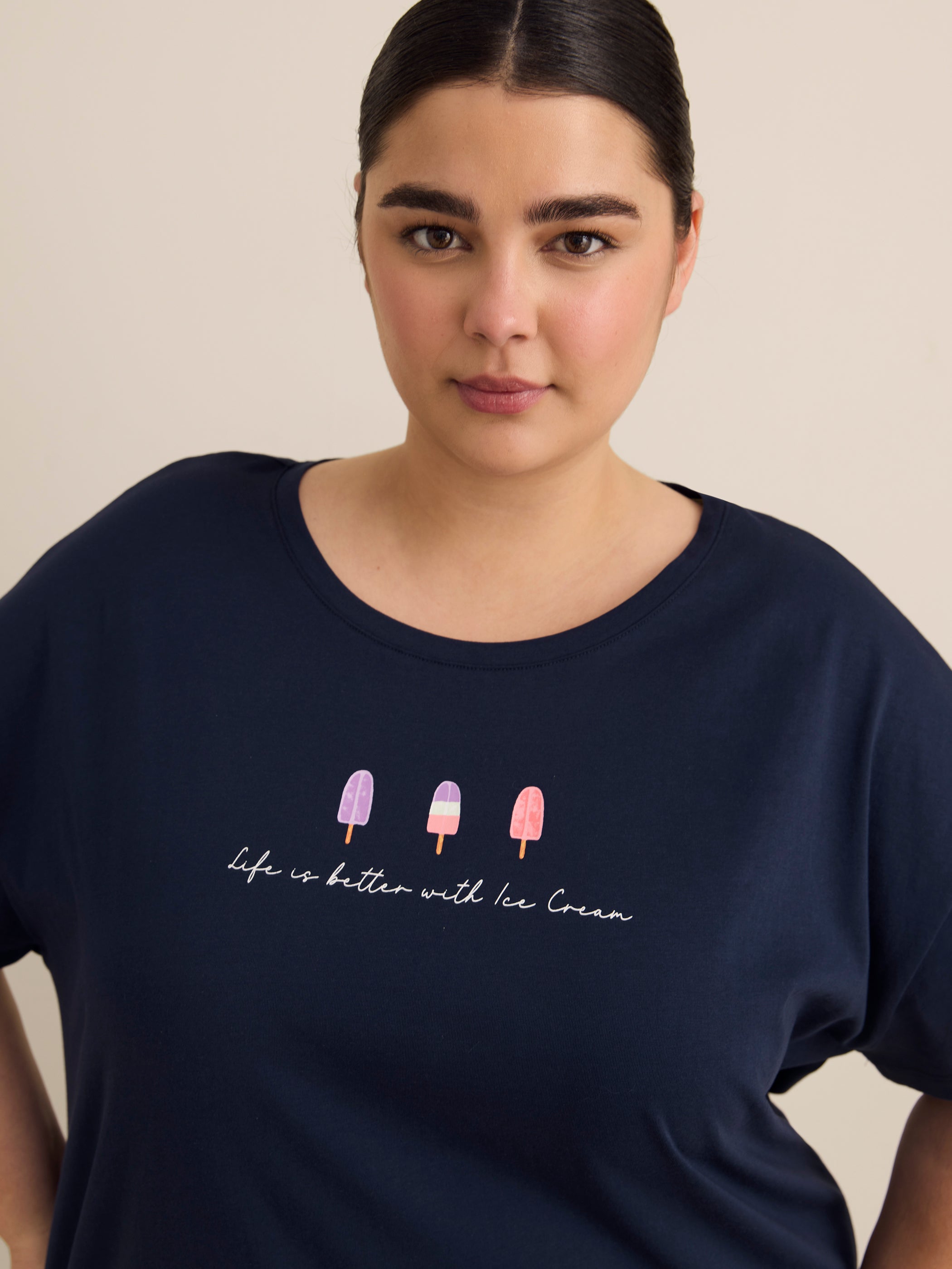 Black Short-Sleeve Sleepshirt with Ice Cream Placement Print - ti Voglio