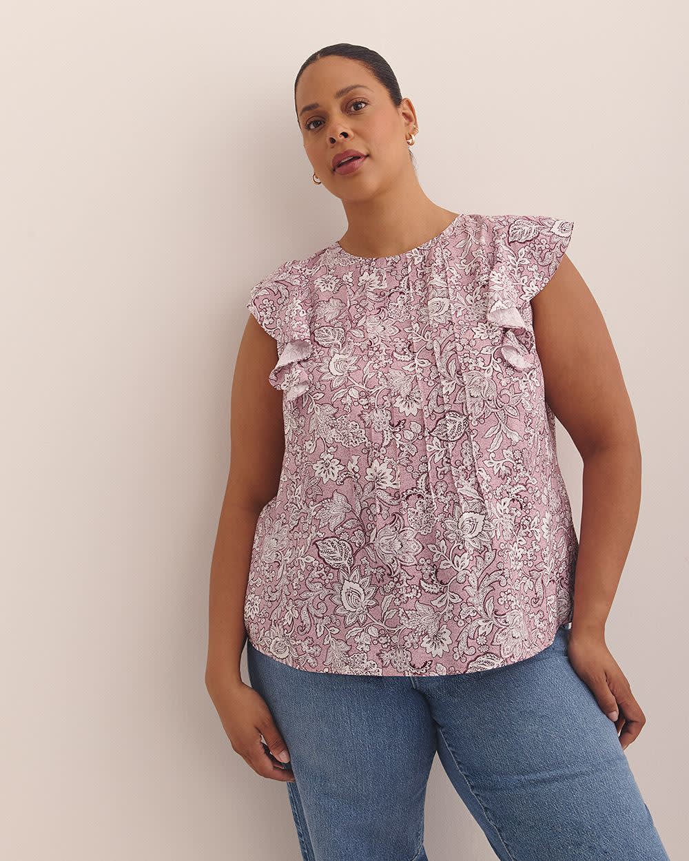 Short Sleeve Ruffle Blouse with Pintucks Detail