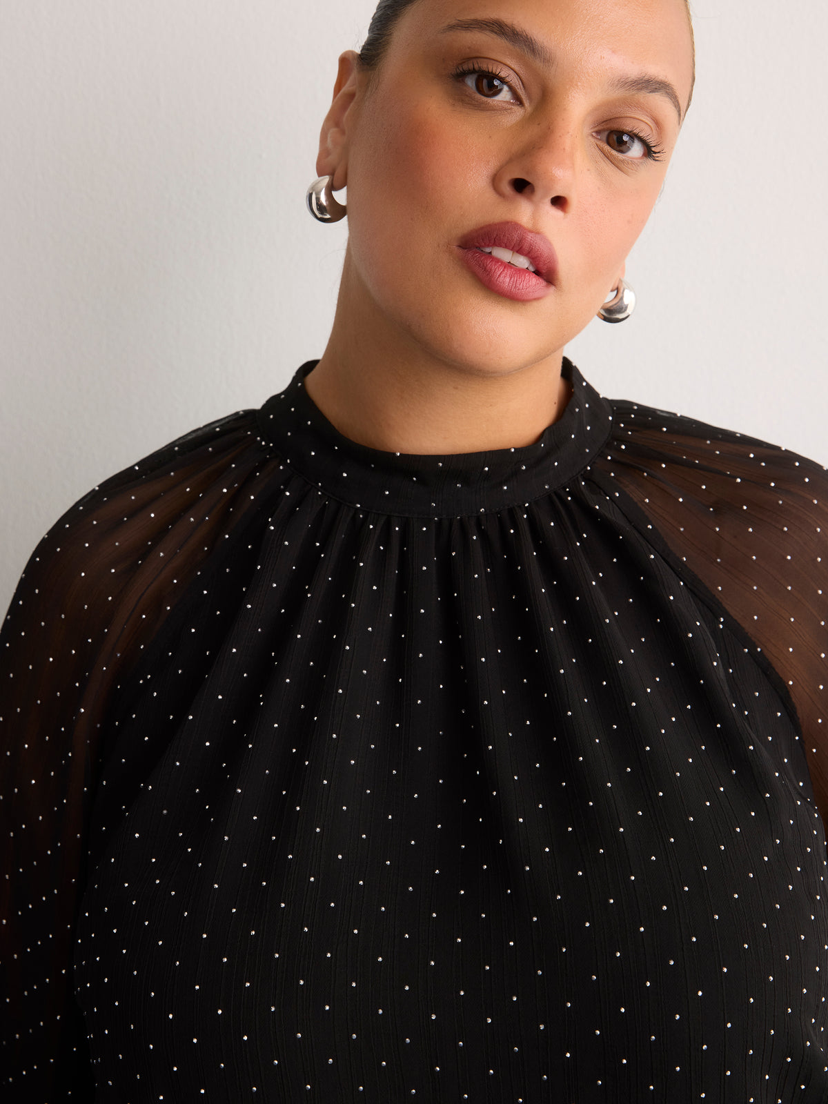 Black Rhinestone Chiffon A-Line Blouse with Shirred Mock Neck