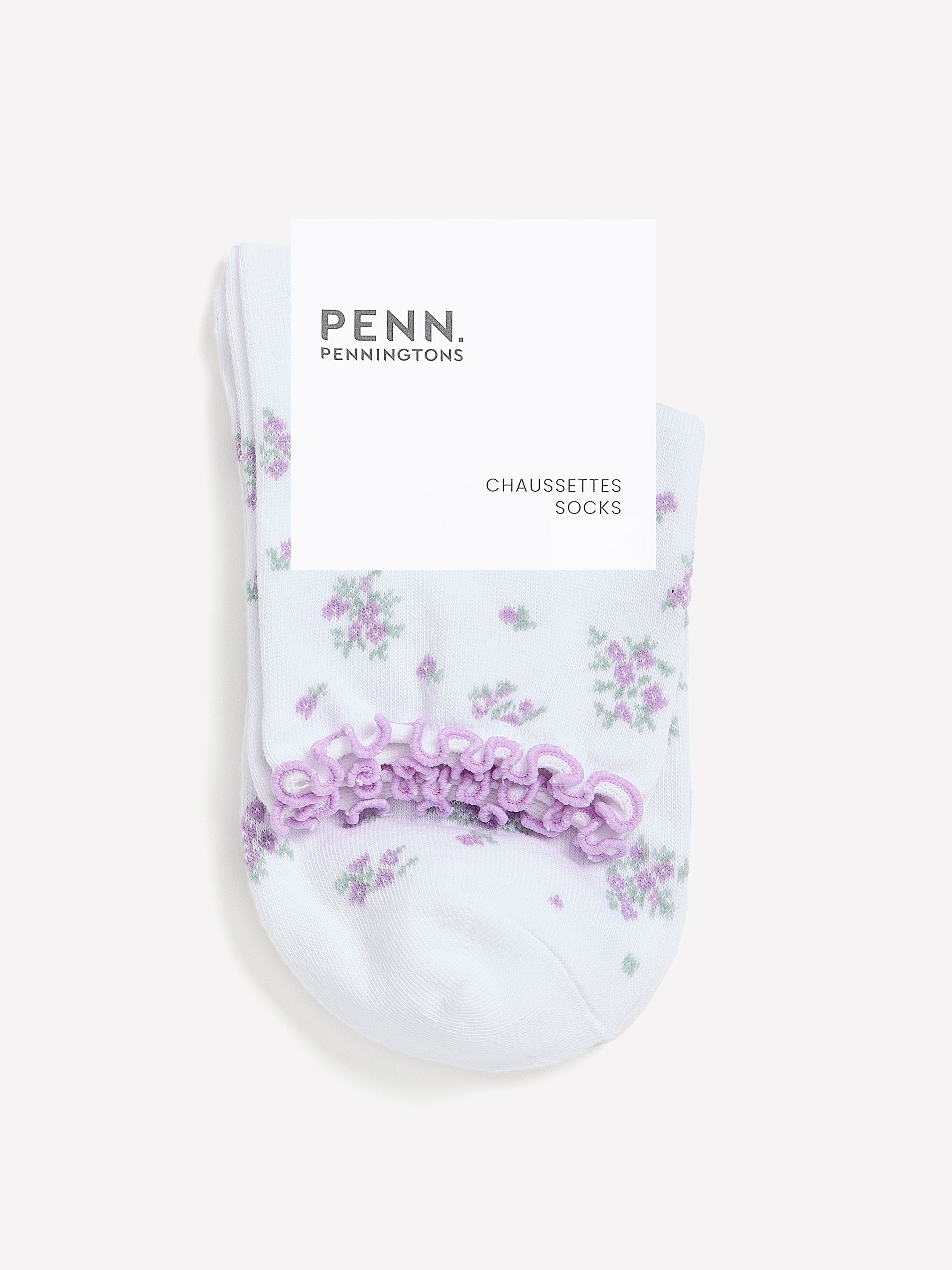 White Floral Ankle Socks with Lettuce Edge