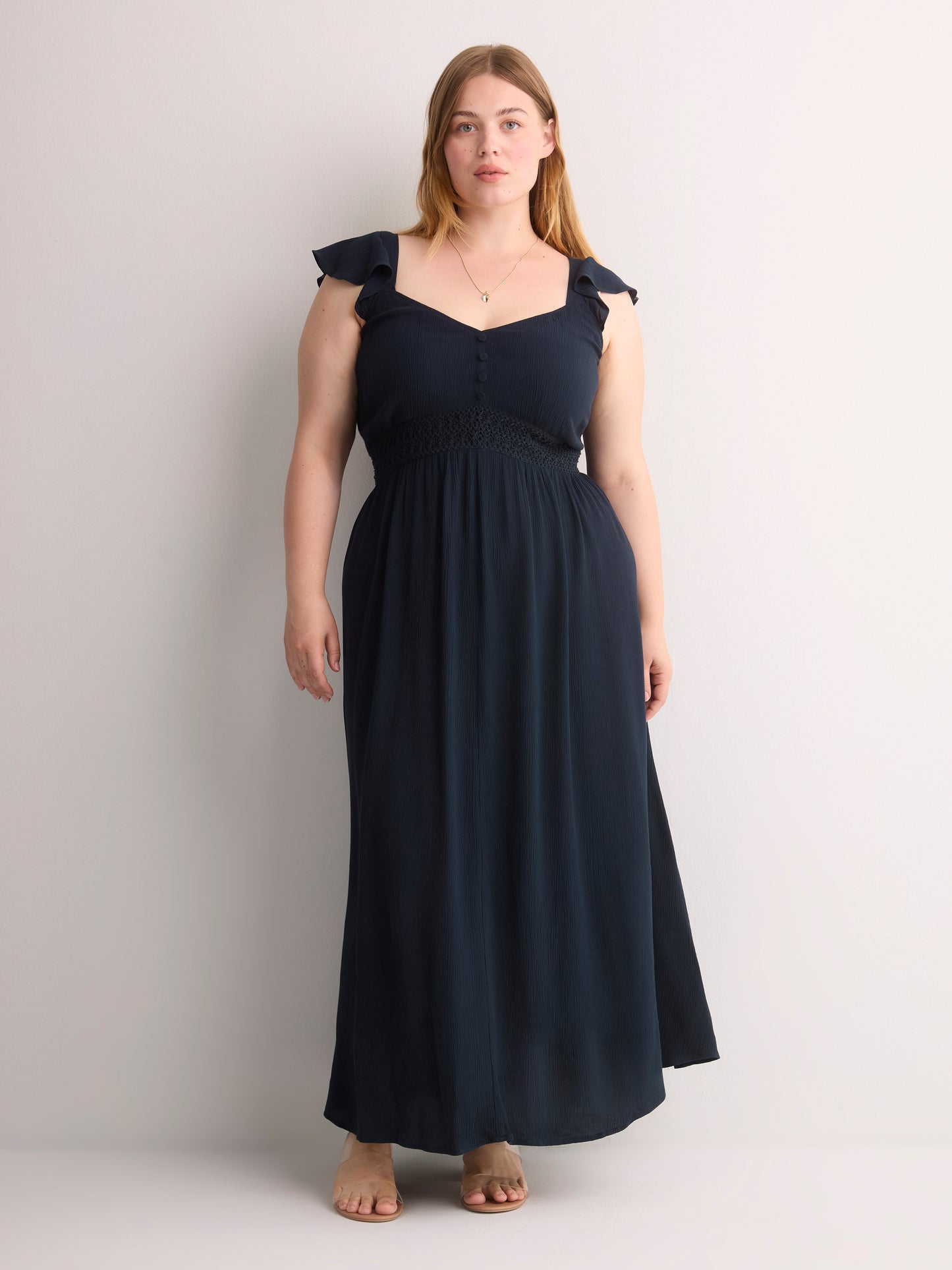 Ruffled Sleeveless Heart-Shaped Midi Dress with Crochet Tape