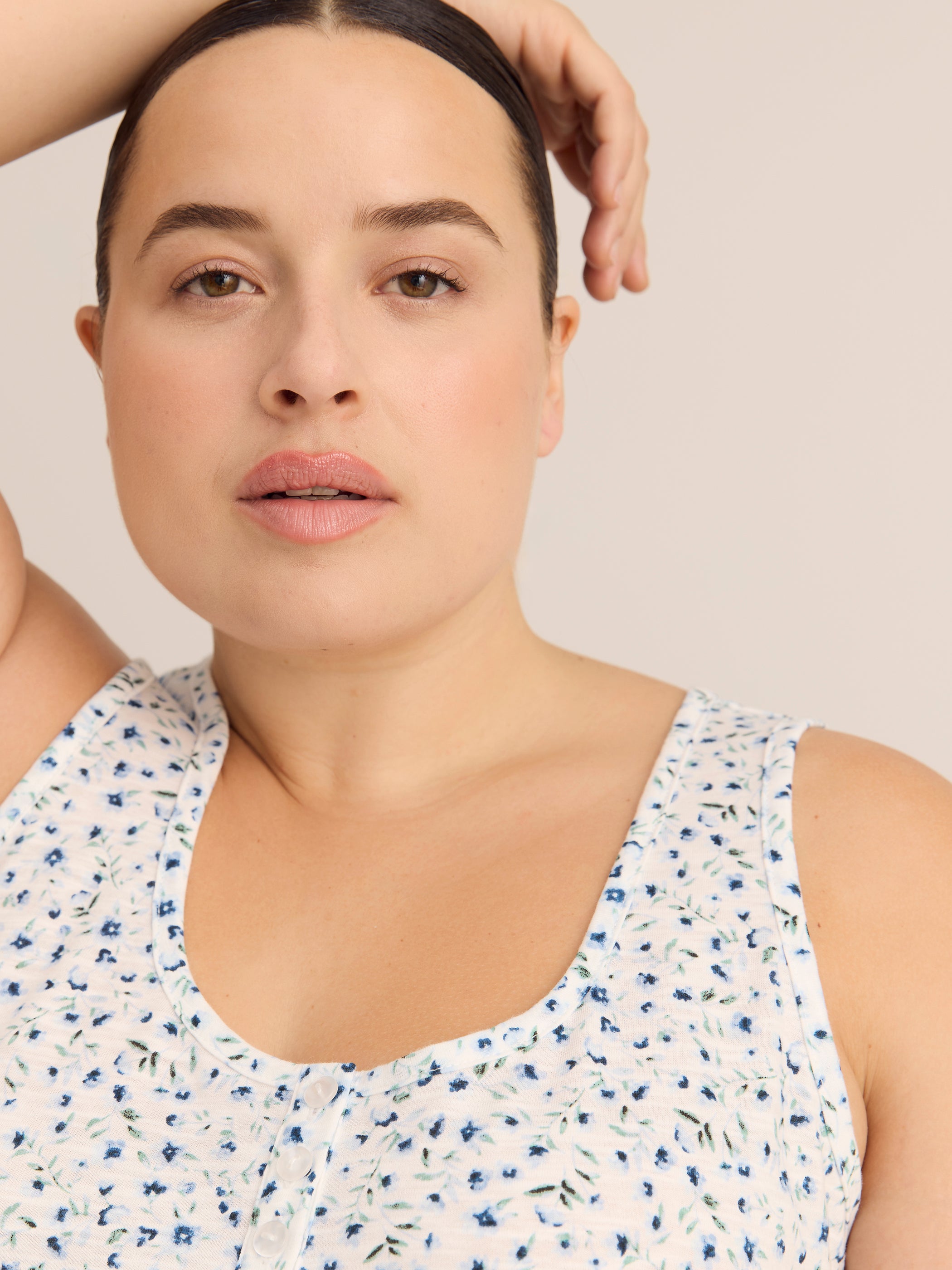 Straight Floral-Print Henley Tank Top