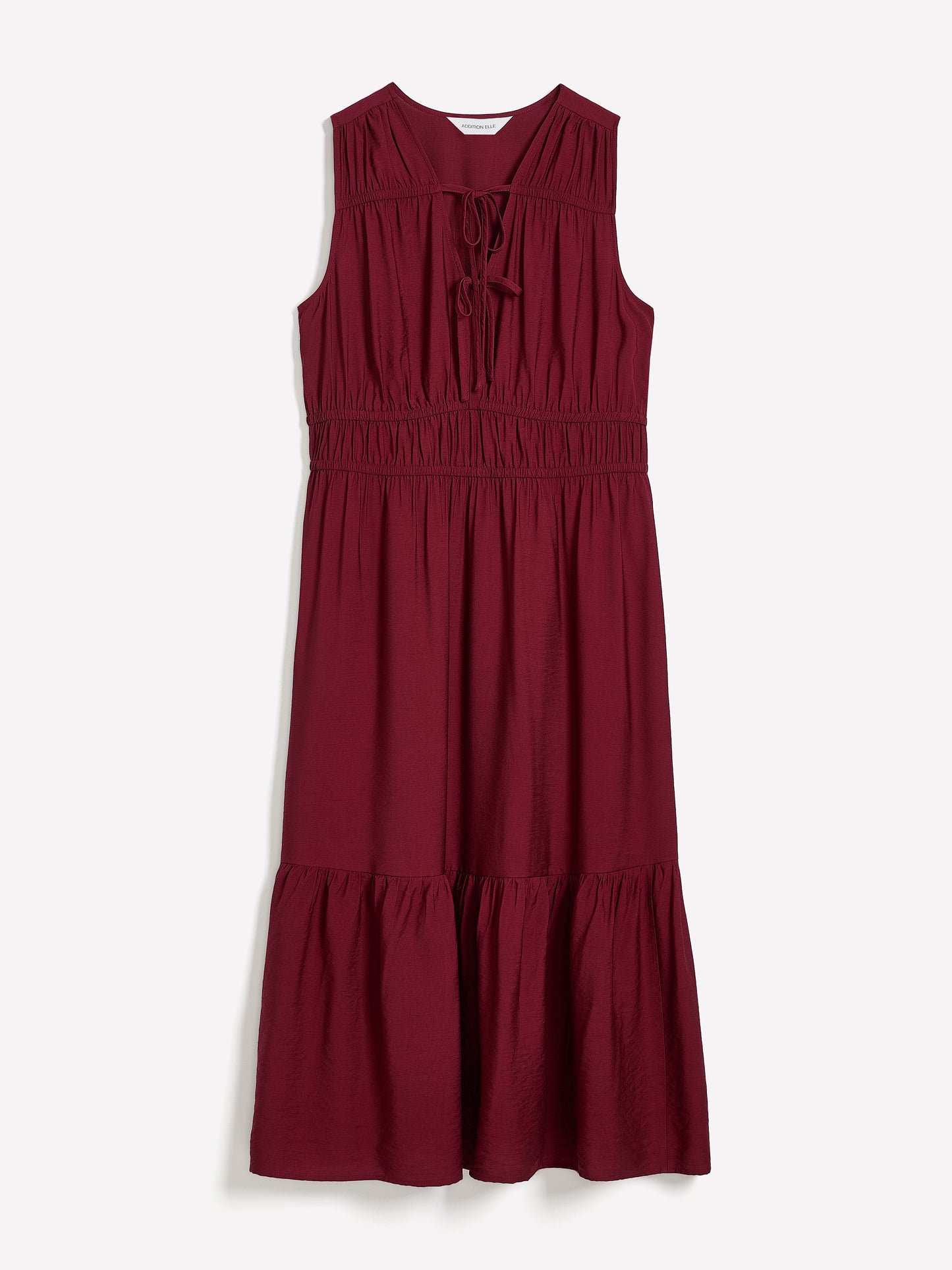 Robe longue rouge texturée sans manches à col en V et jupe à volant - Addition Elle