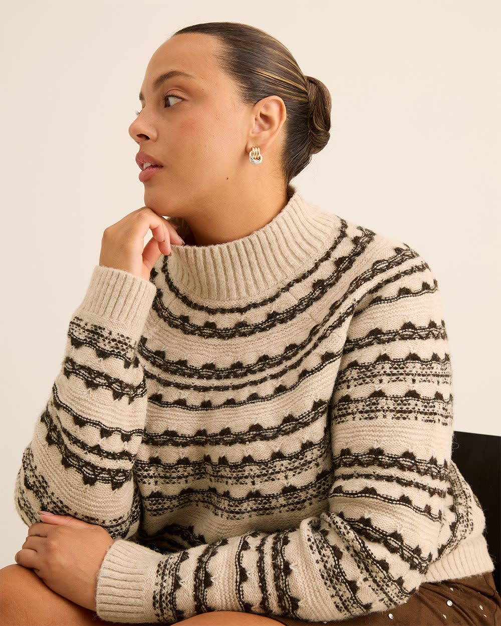 Brown Mock-Neck Fair Isle Sweater