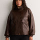 Brown Short Faux Leather Funnel-Neck Jacket