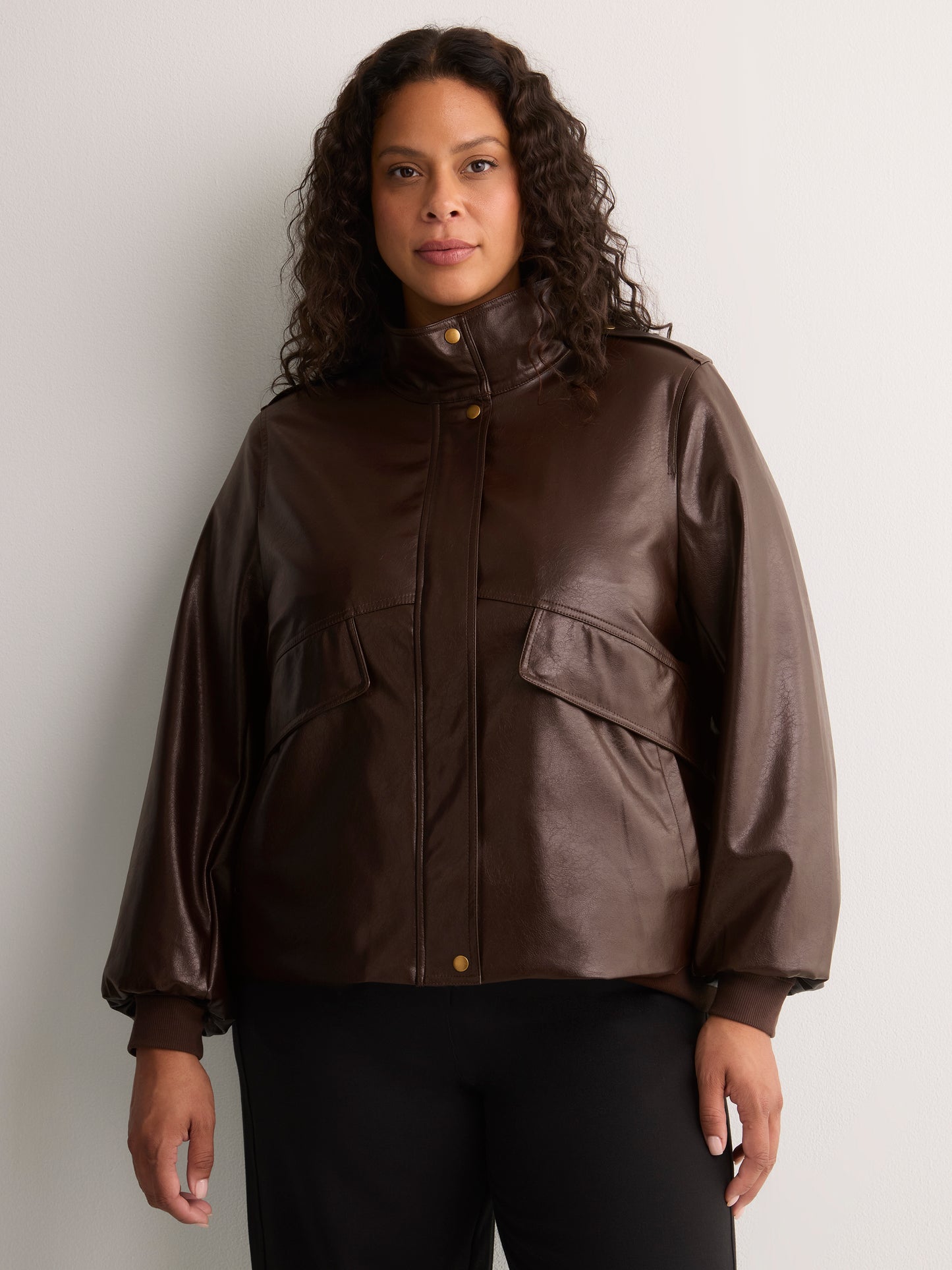 Brown Short Faux Leather Funnel-Neck Jacket