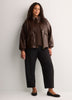Brown Short Faux Leather Funnel-Neck Jacket