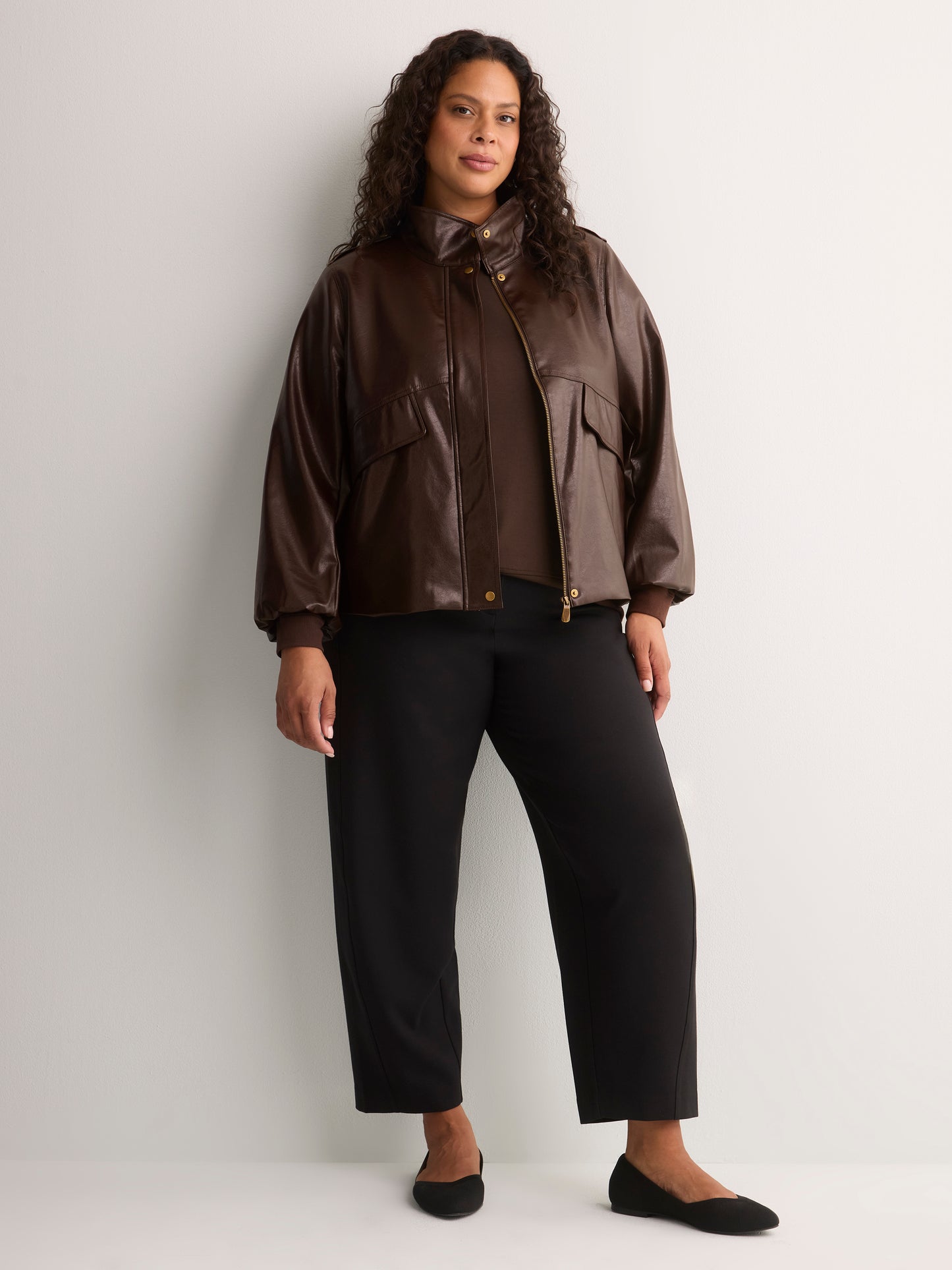 Brown Short Faux Leather Funnel-Neck Jacket