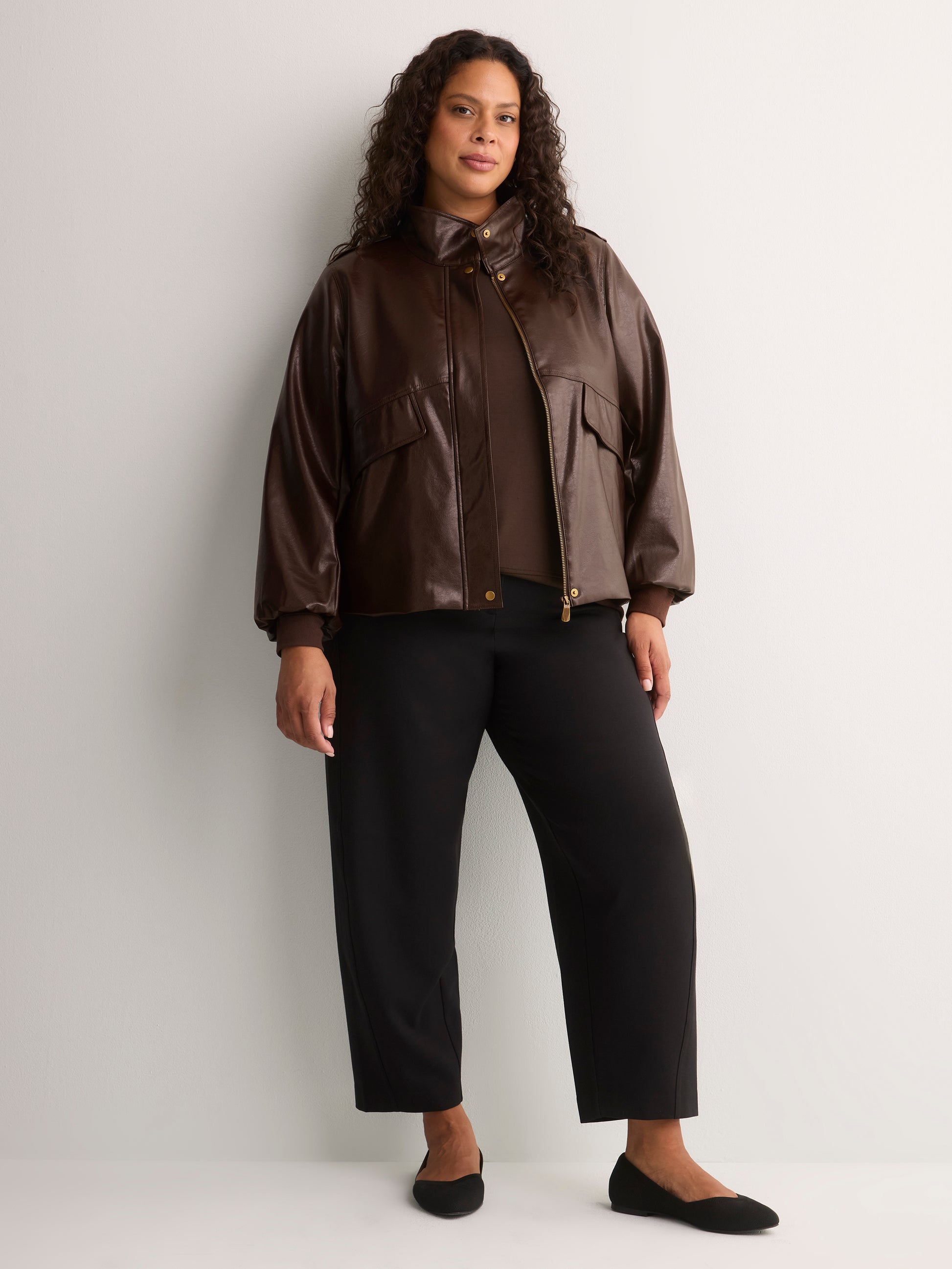 Brown Short Faux Leather Funnel-Neck Jacket