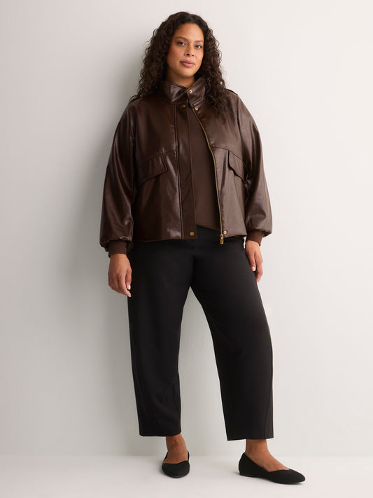 Brown Short Faux Leather Funnel-Neck Jacket