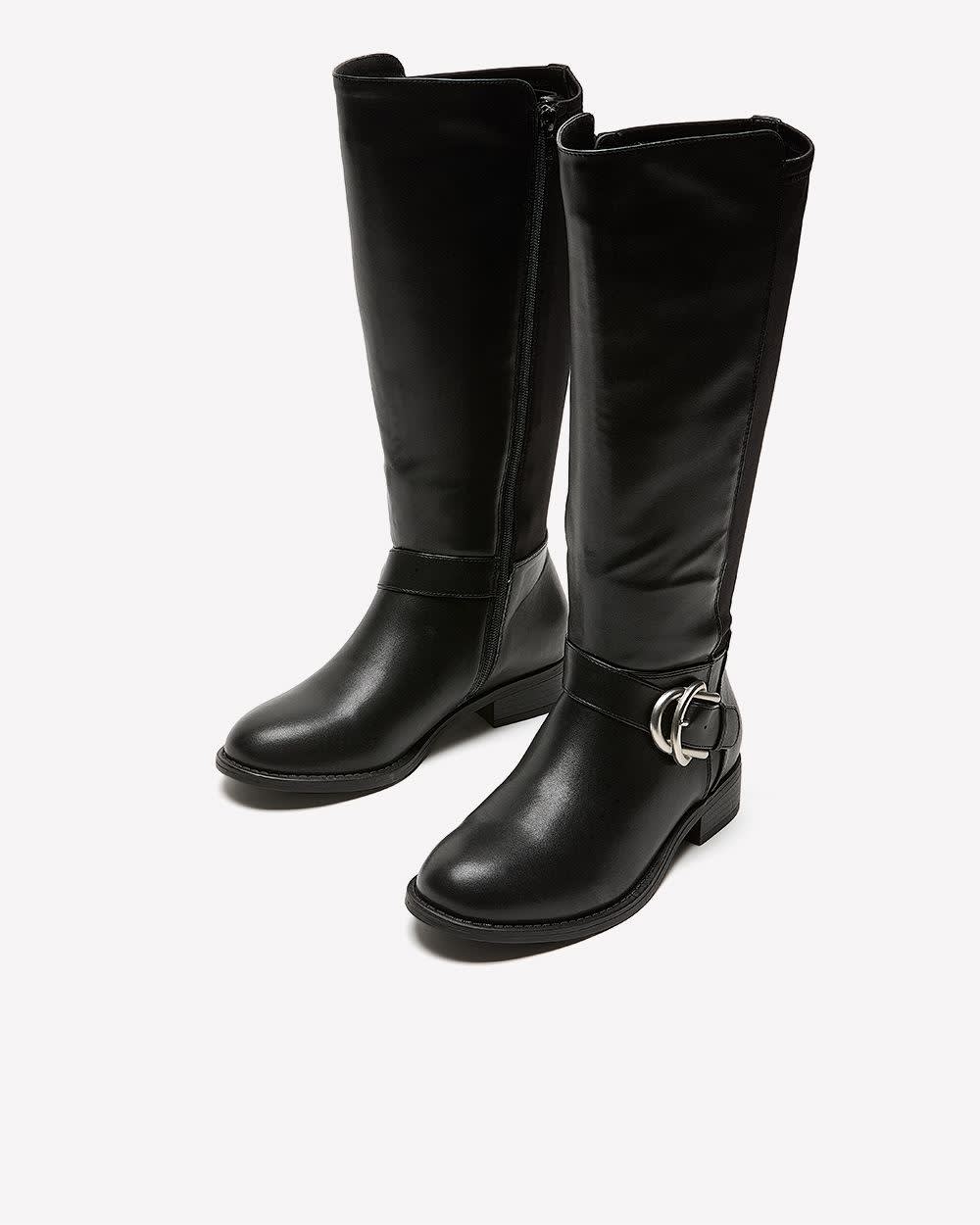 Extra Wide Width and Wide Calf, Tall Black Faux Leather Boot with Buckle