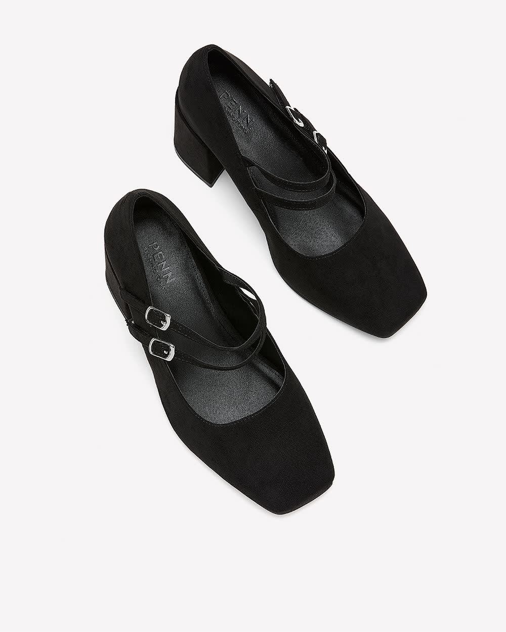 Extra Wide Width, Black Microsuede Double-Strap Block Heel Shoe