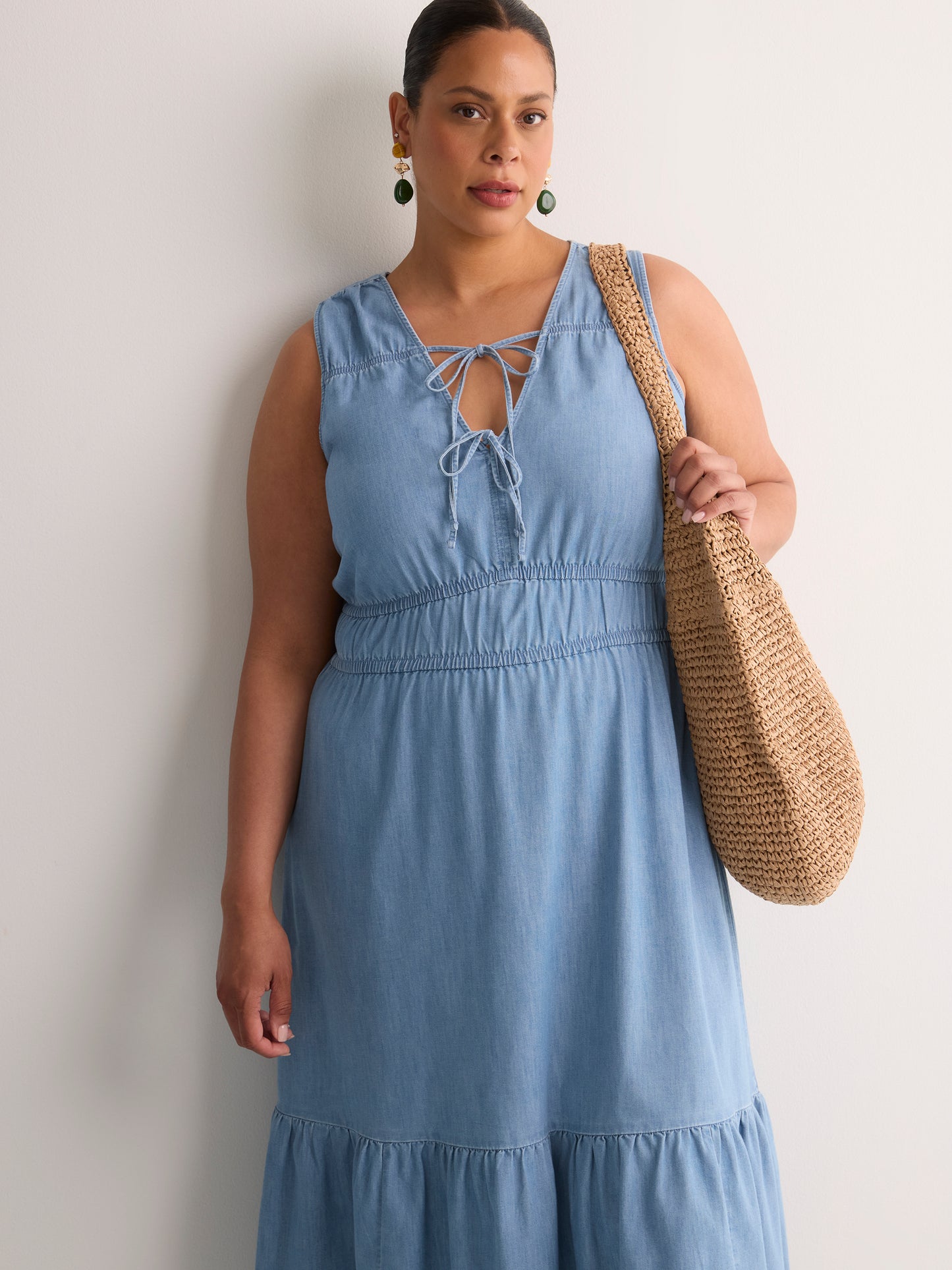 Denim Sleeveless V-Neck Tiered Maxi Dress - Addition Elle