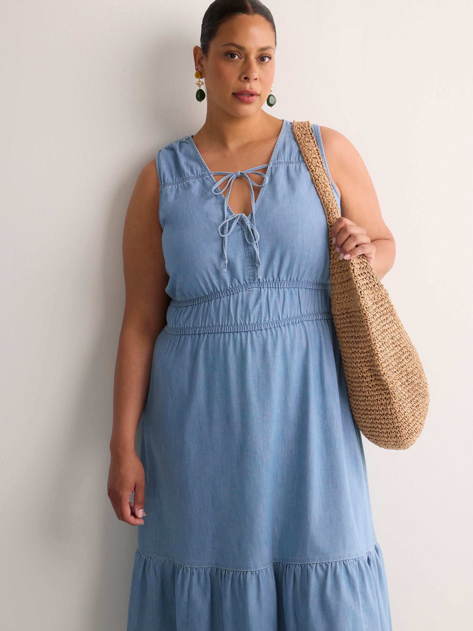 Denim Sleeveless V-Neck Tiered Maxi Dress - Addition Elle