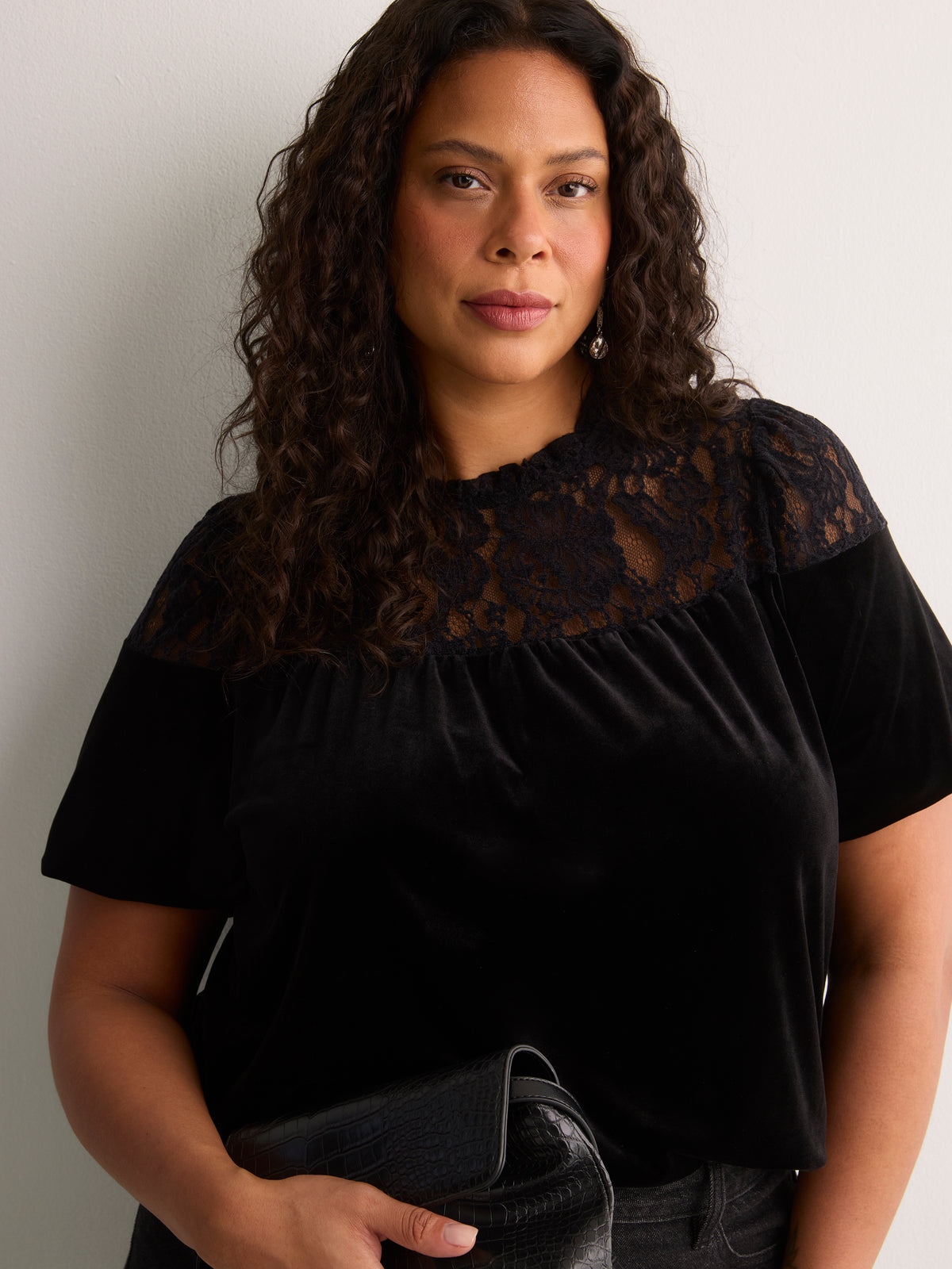 Black Velour Elbow-Sleeve A-Line Blouse with Lace