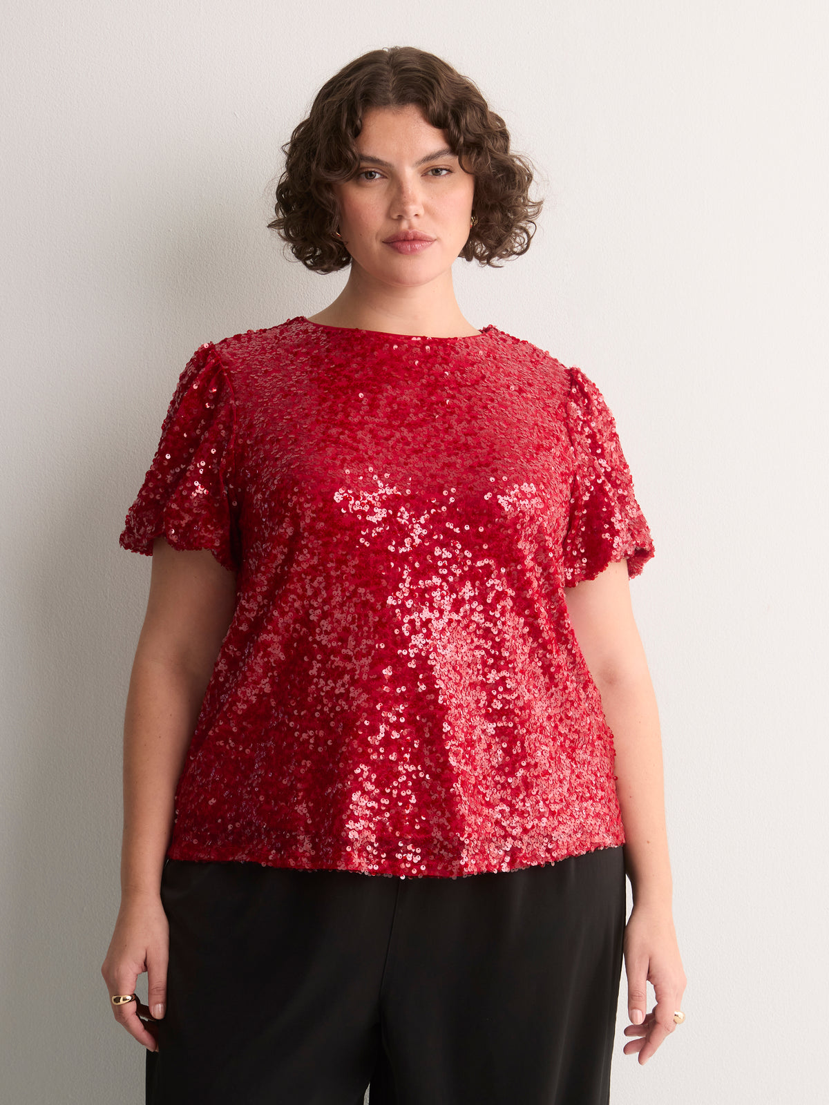 Straight Bubble-Sleeve Sequin Top