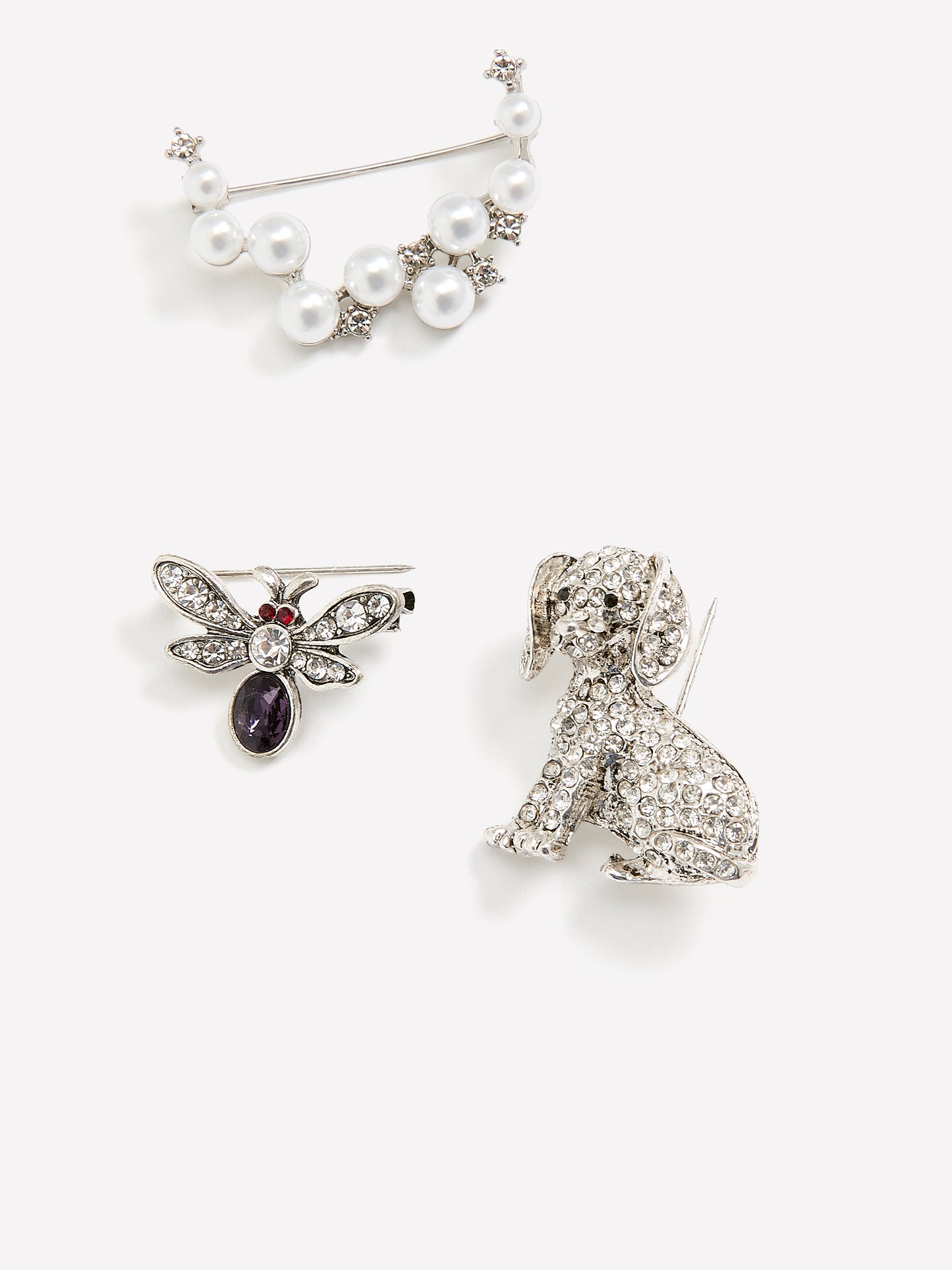 Assorted Silver Rhinestone Brooches, Set of 3