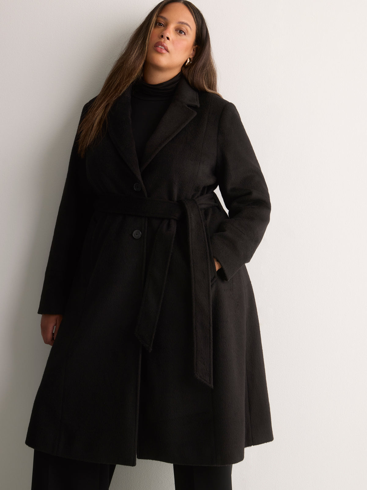 Long Belted Coat with Faux-Fur Collar and Cuffs