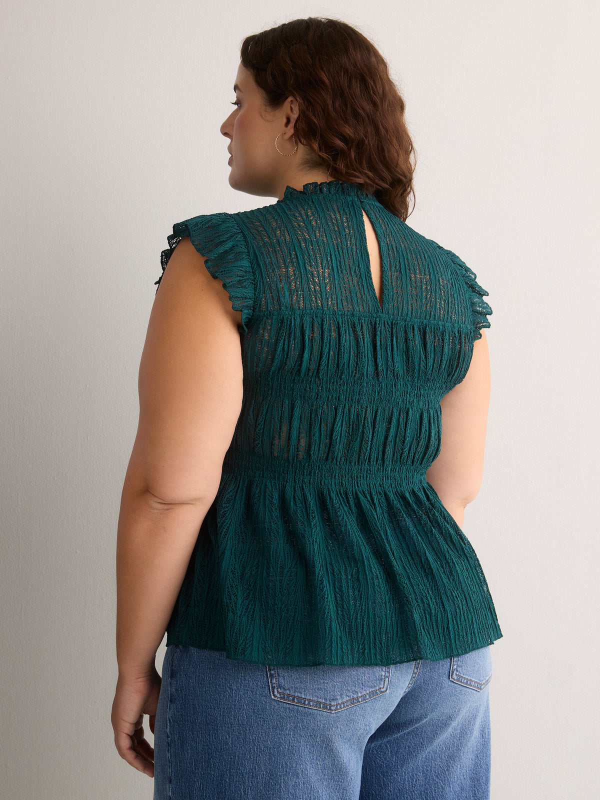 Smocked Lace Swing Top with Short Flutter Sleeves
