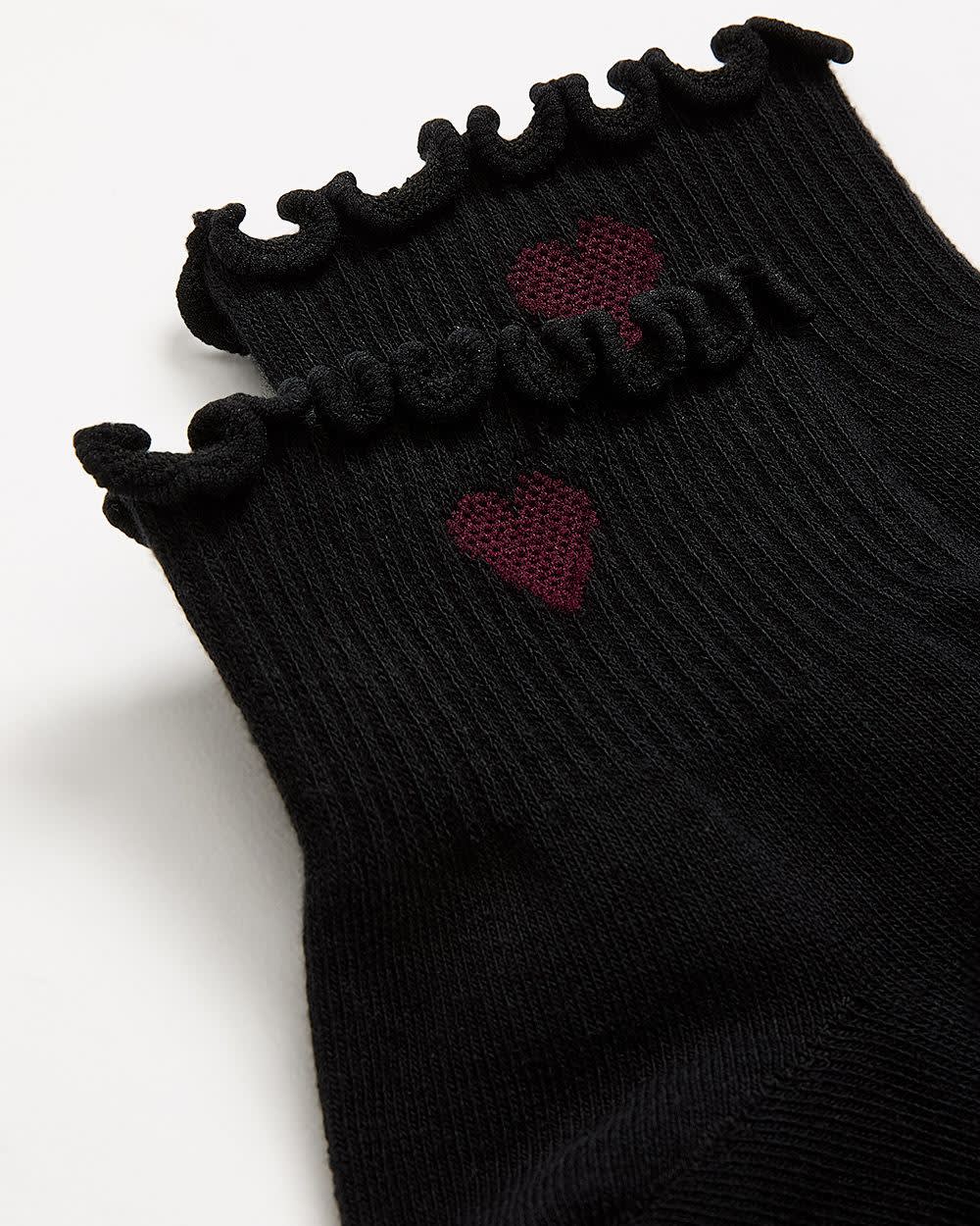 Lettuce-Edge Ankle Socks with Heart Placement Print