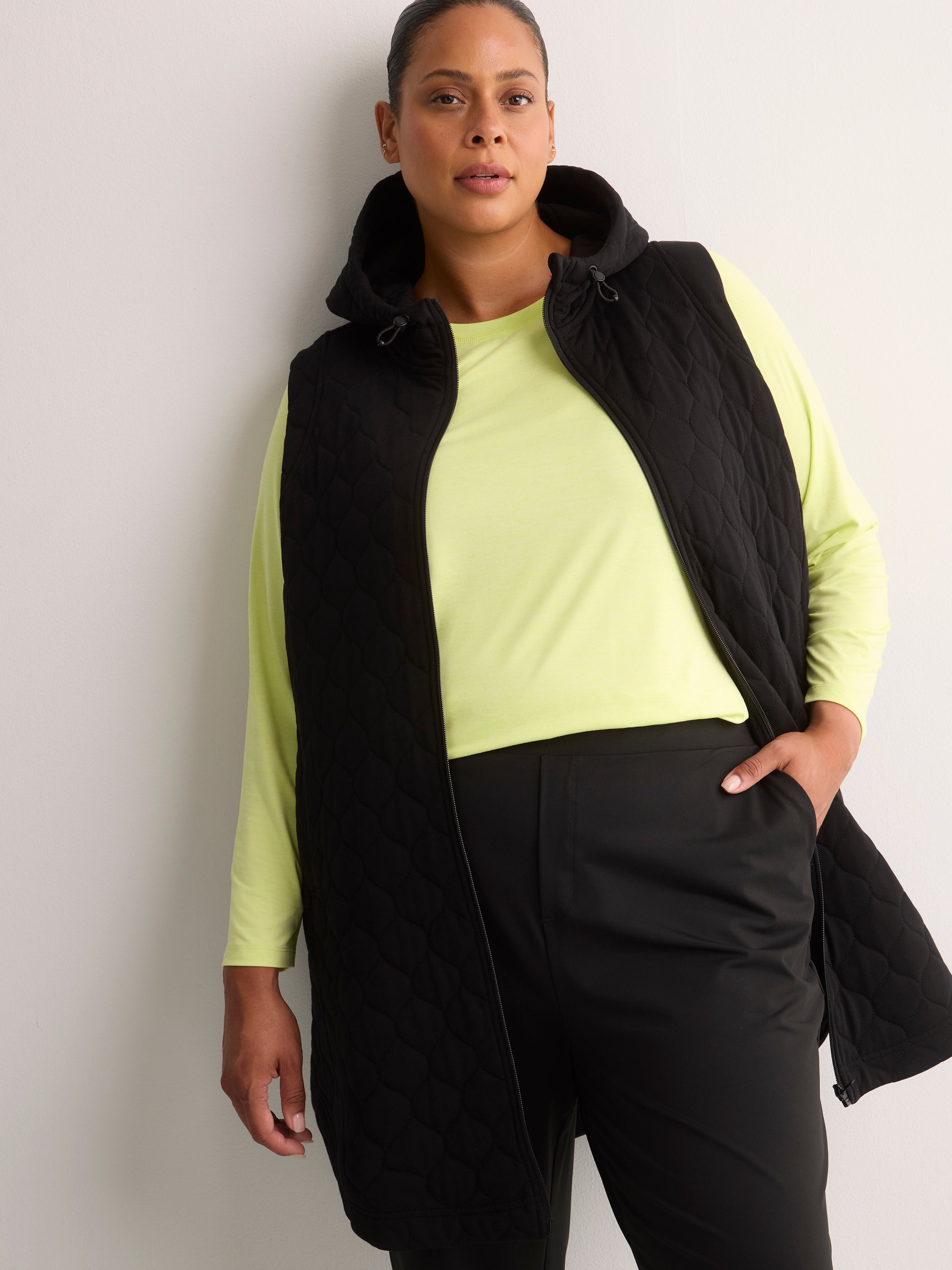 Long Quilted Knit Sleeveless Hooded Vest - Active Zone