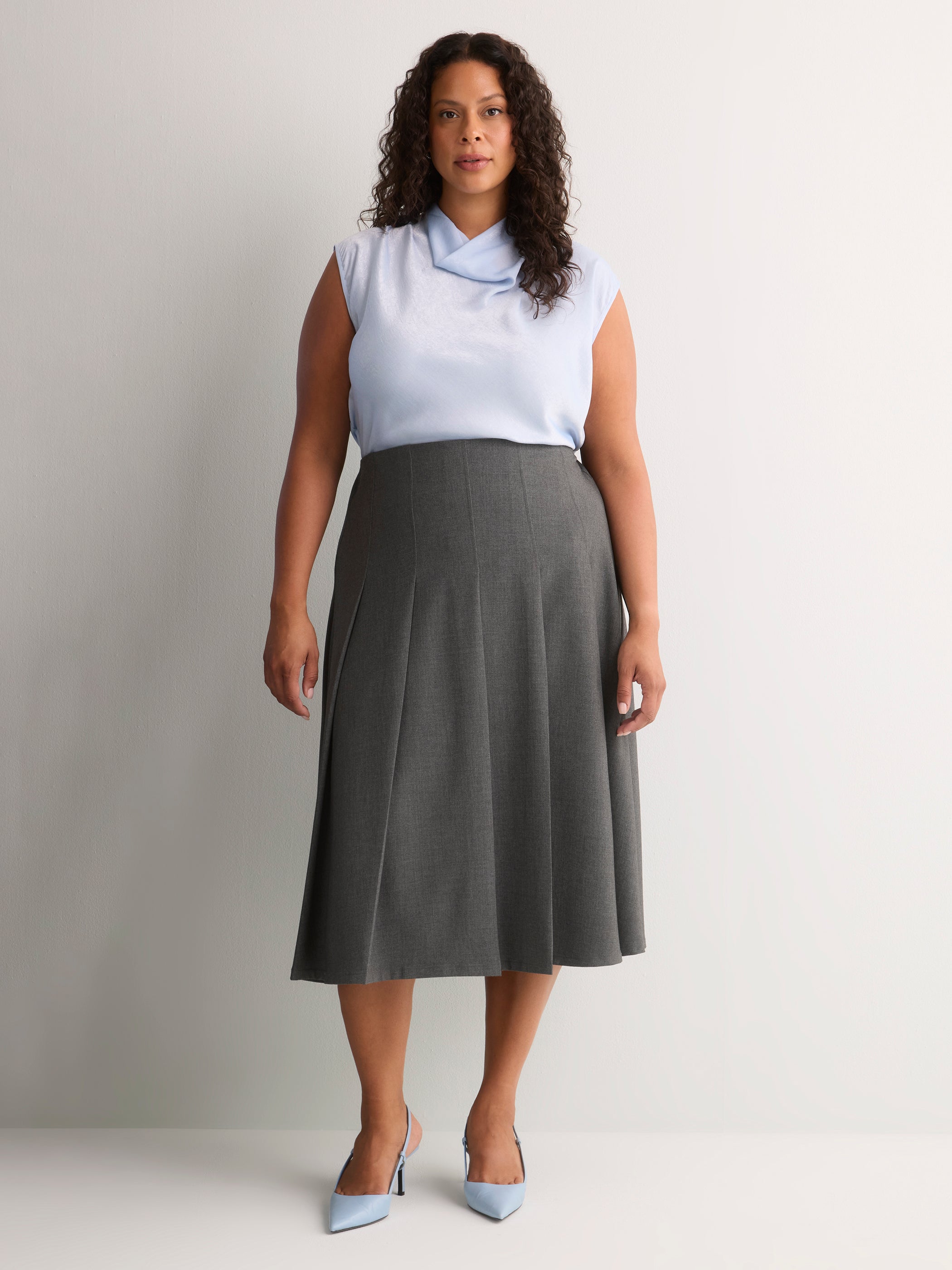 Grey Pleated Pull-On Midi Skirt