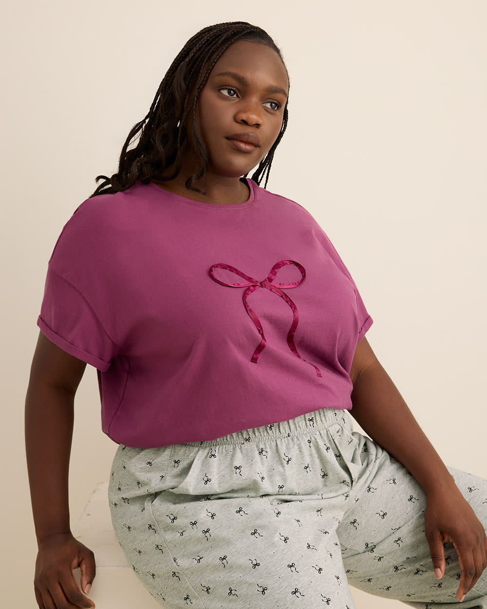 Haut de pyjama Penningtons en tricot – Coupe droite, jersey de coton, appliqué nœud en satin